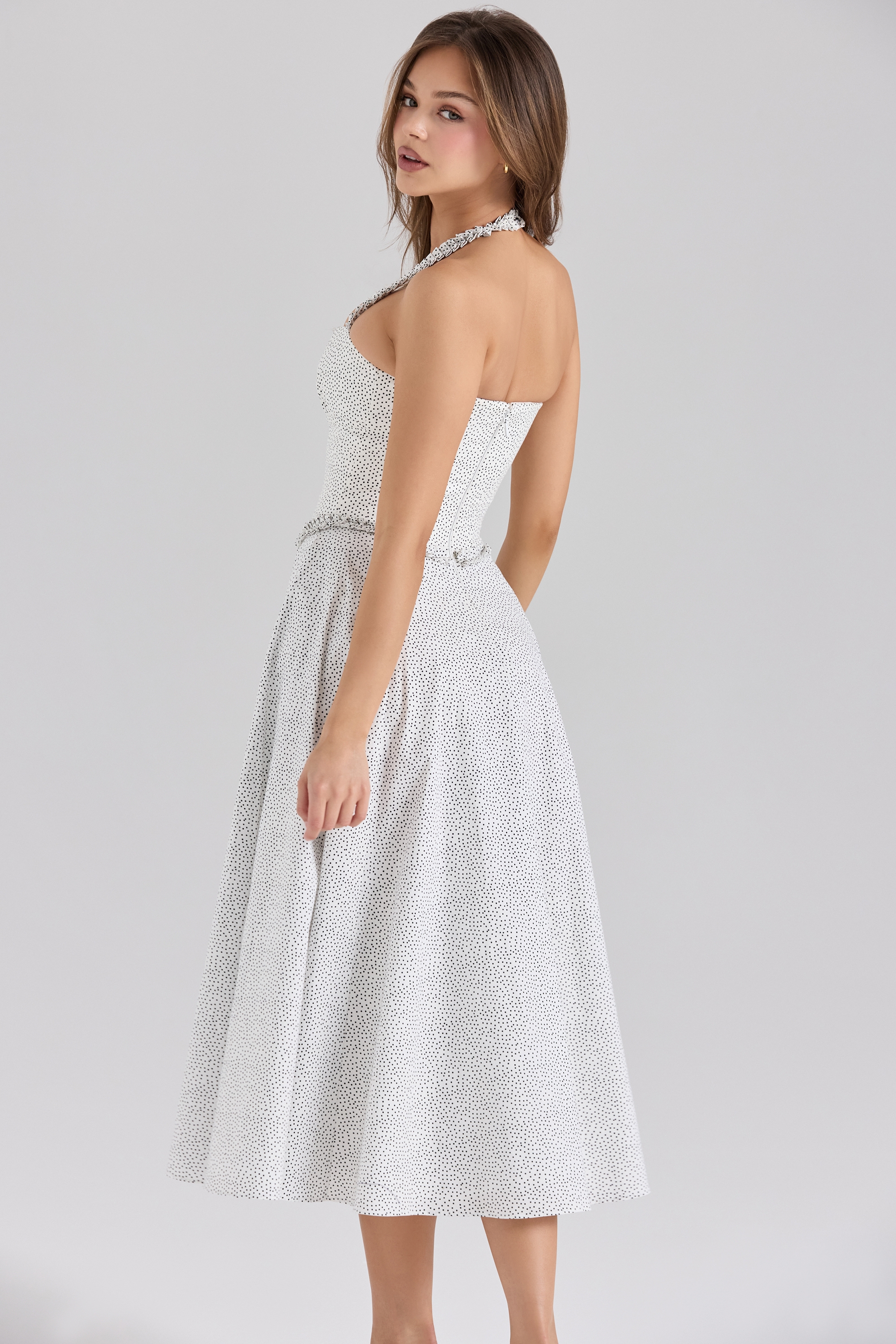 Cotton Halter Neck Polka Dot Print Midi Dress - TREBLEV