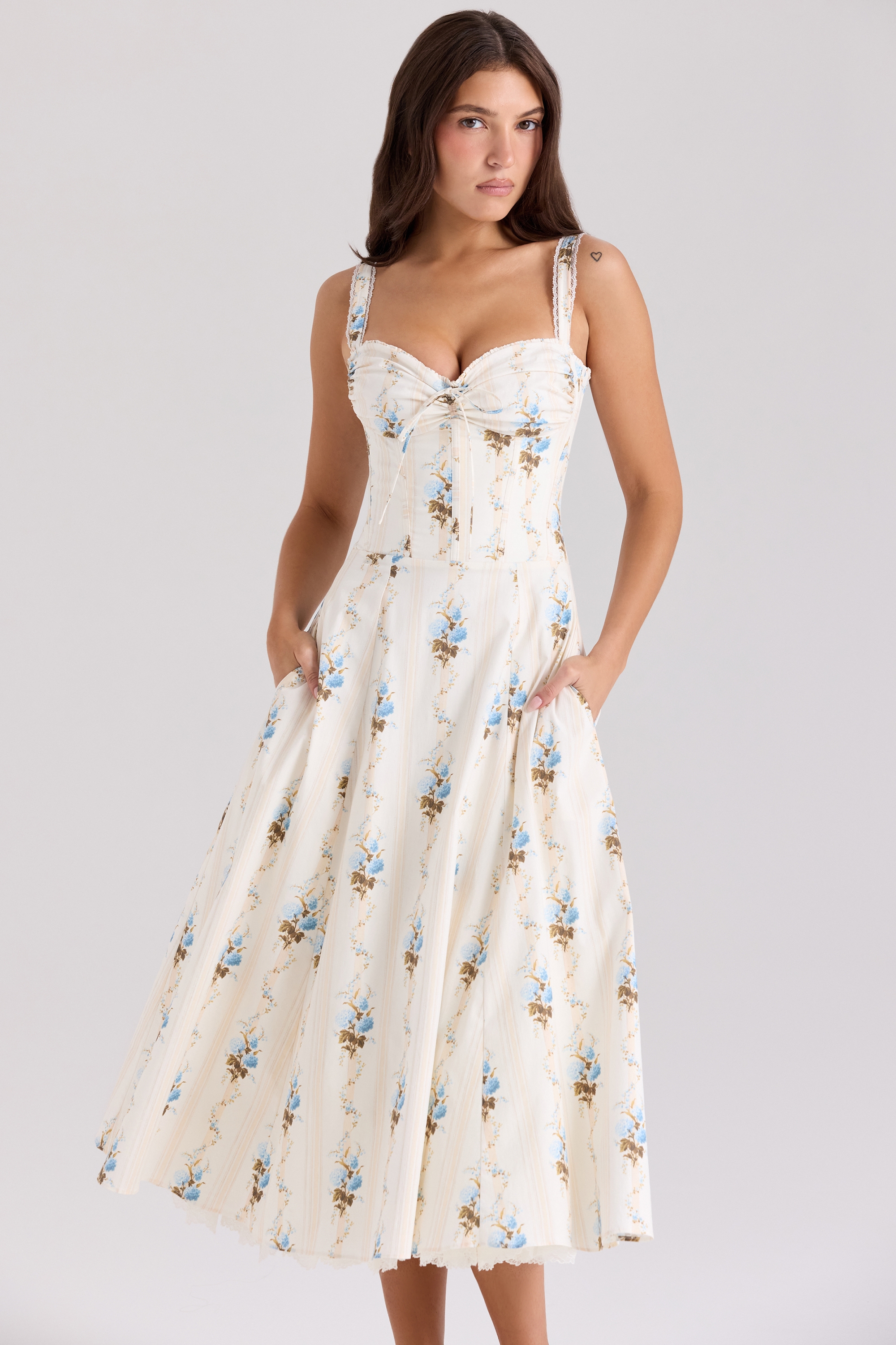 Cream Floral Print Cotton Corset Midi Dress - TREBLEV