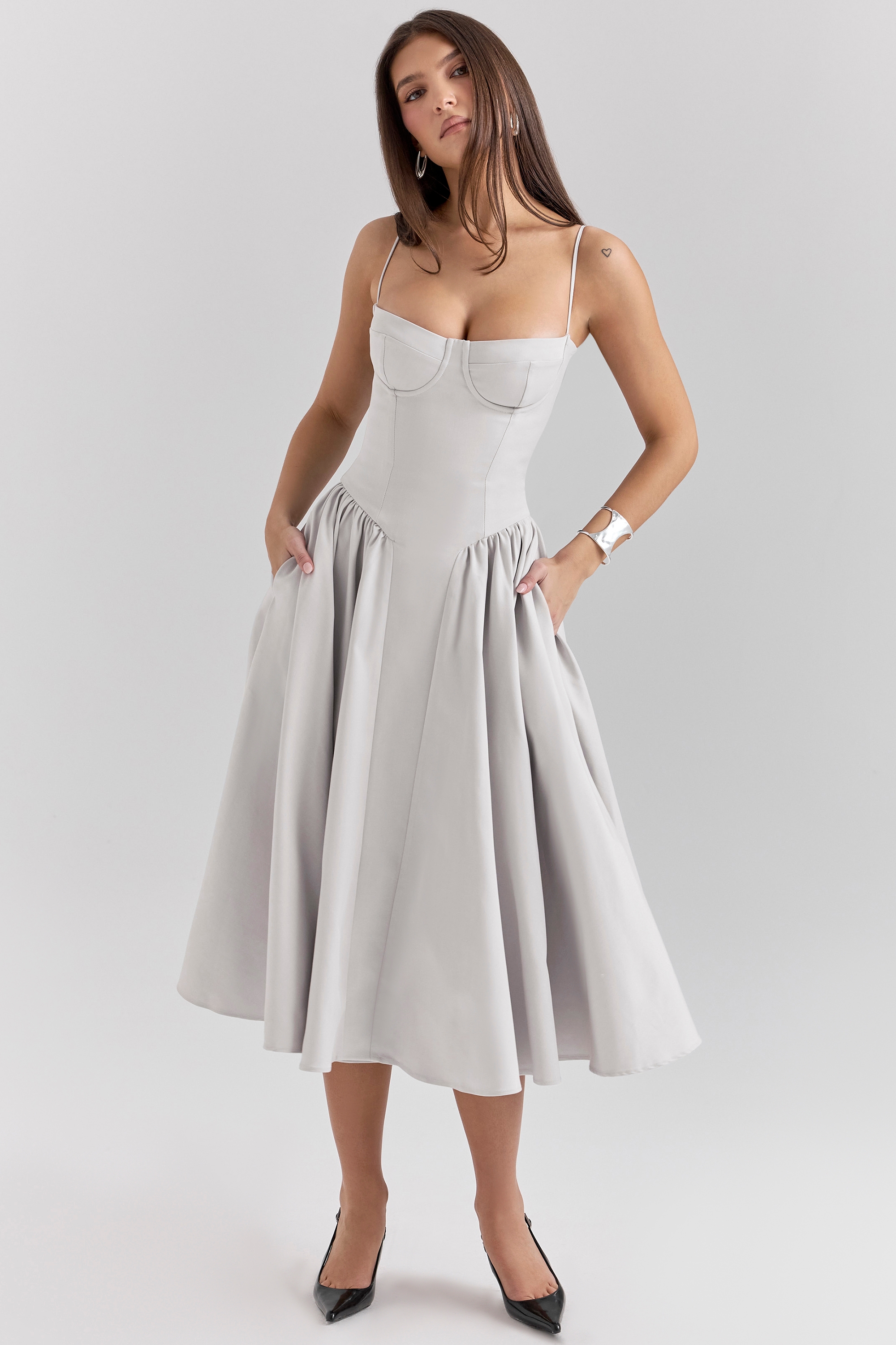 Dove Grey Corset Midi Dress - TREBLEV