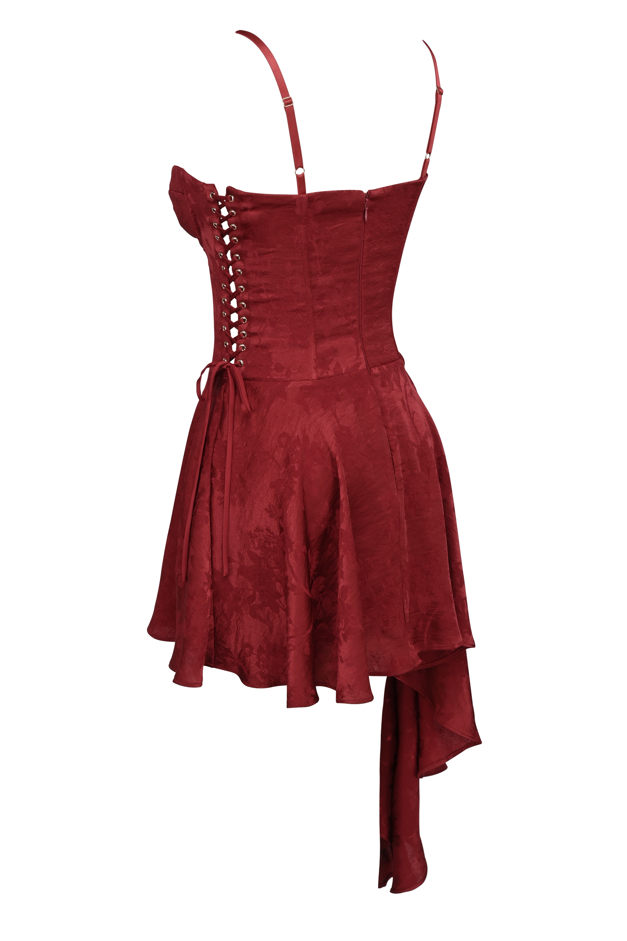 Wine Jacquard Satin Draped Mini Dress - TREBLEV