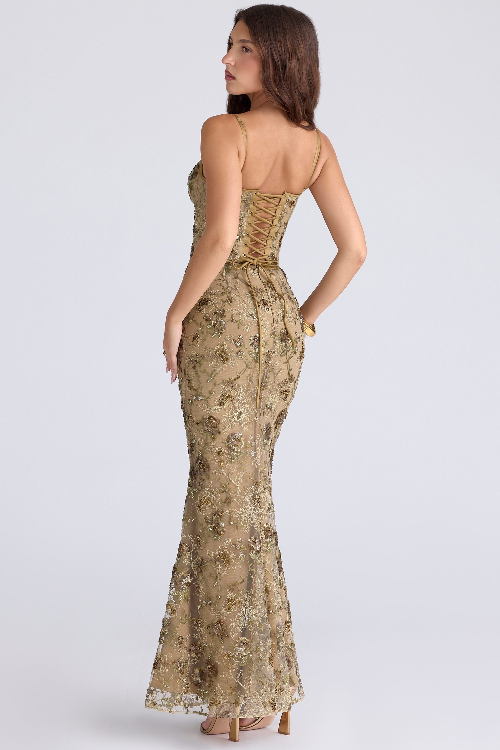 Olive Bronze Hand Beaded Embellished Corset Maxi Dress - Limited Edition - TREBLEV