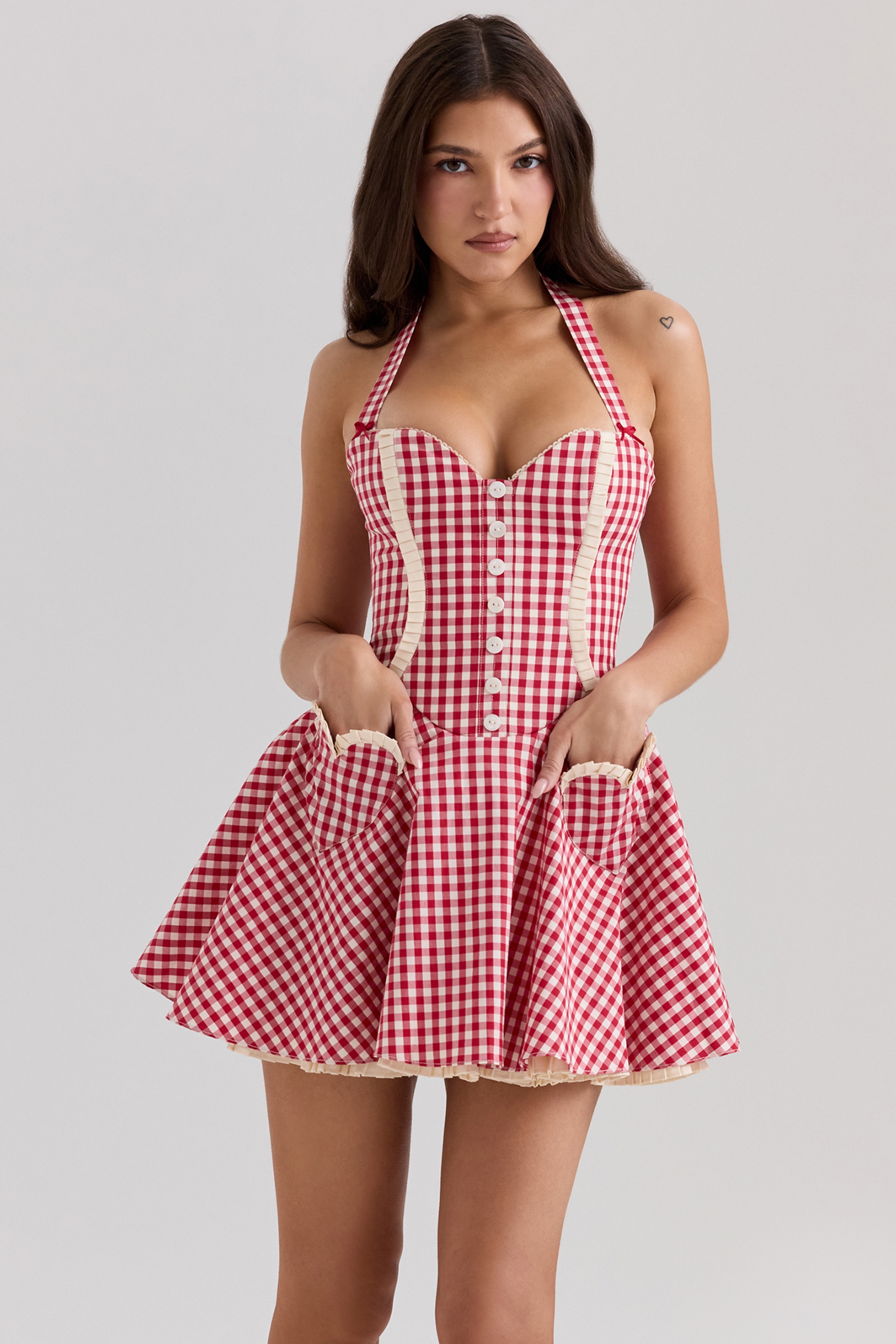Red Gingham Cotton Halter Neck Mini Dress - TREBLEV
