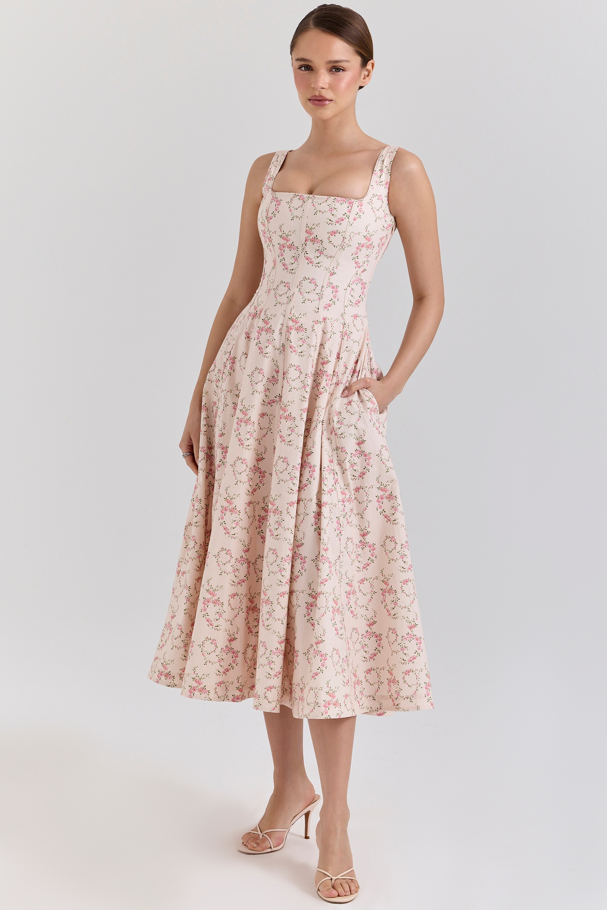 Cream Floral Print Cotton Midi Sun Dress - TREBLEV