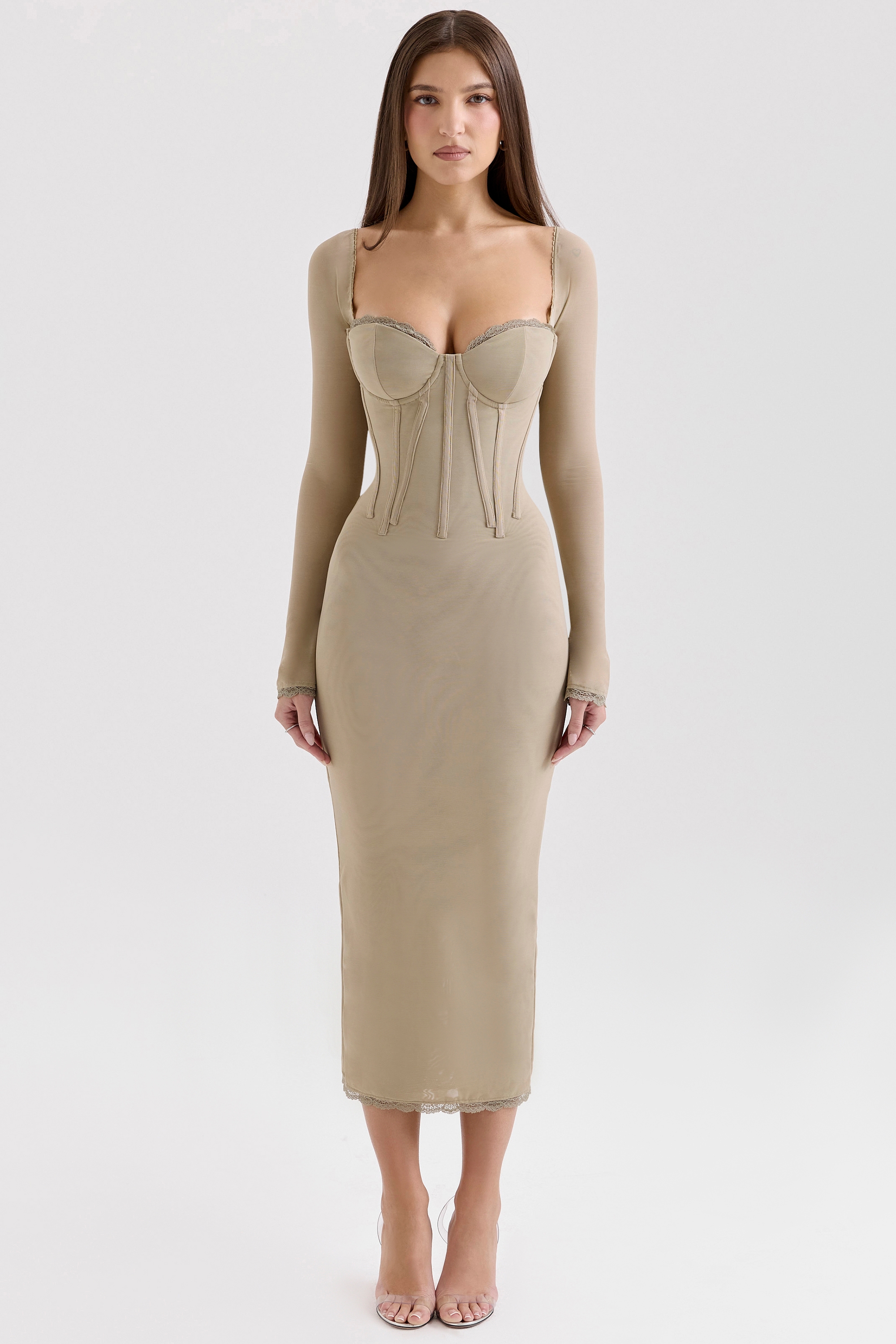 Beige Mesh Long Sleeve Bodycon Midi Dress - TREBLEV