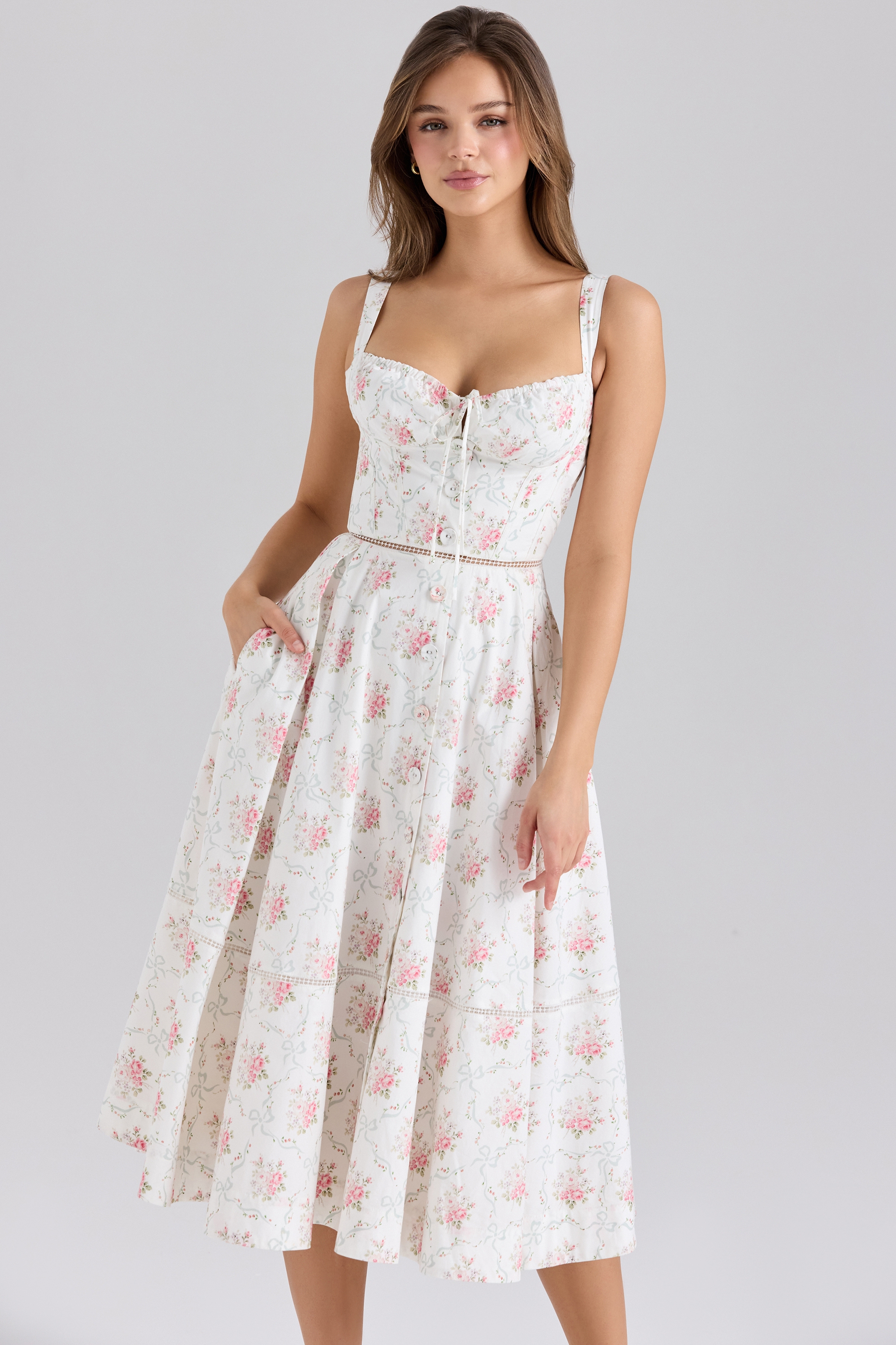 Rose Print Cotton Button Front Midi Dress - TREBLEV