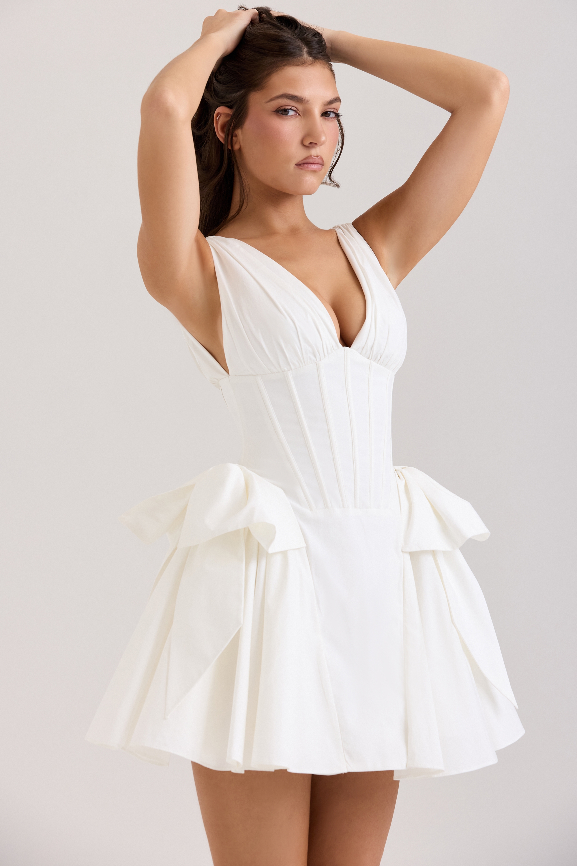 White Stretch Cotton Bow Mini Dress - TREBLEV