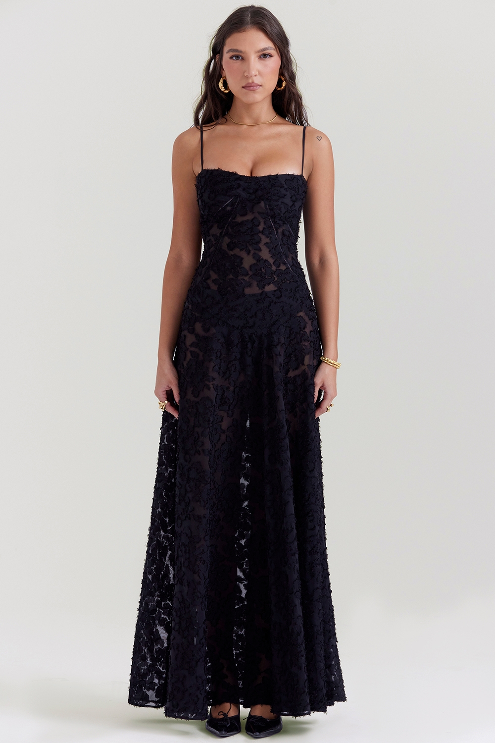 Black Floral Lace Back Maxi Dress - TREBLEV