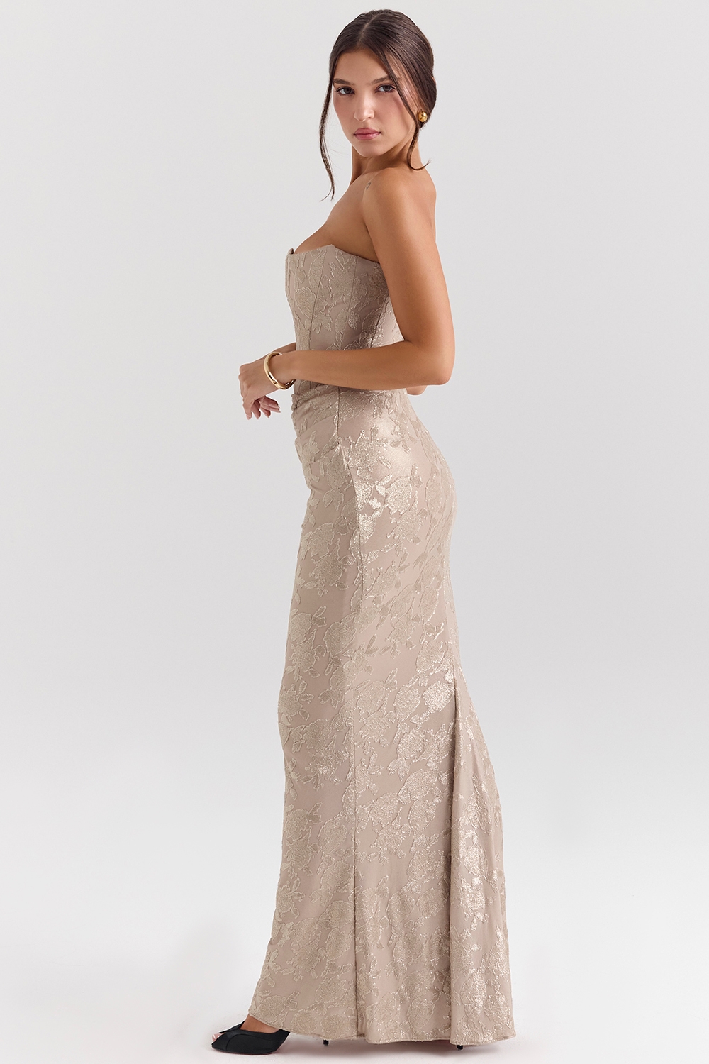 Pale Gold Chiffon Mesh Strapless Corset Maxi Dress - TREBLEV