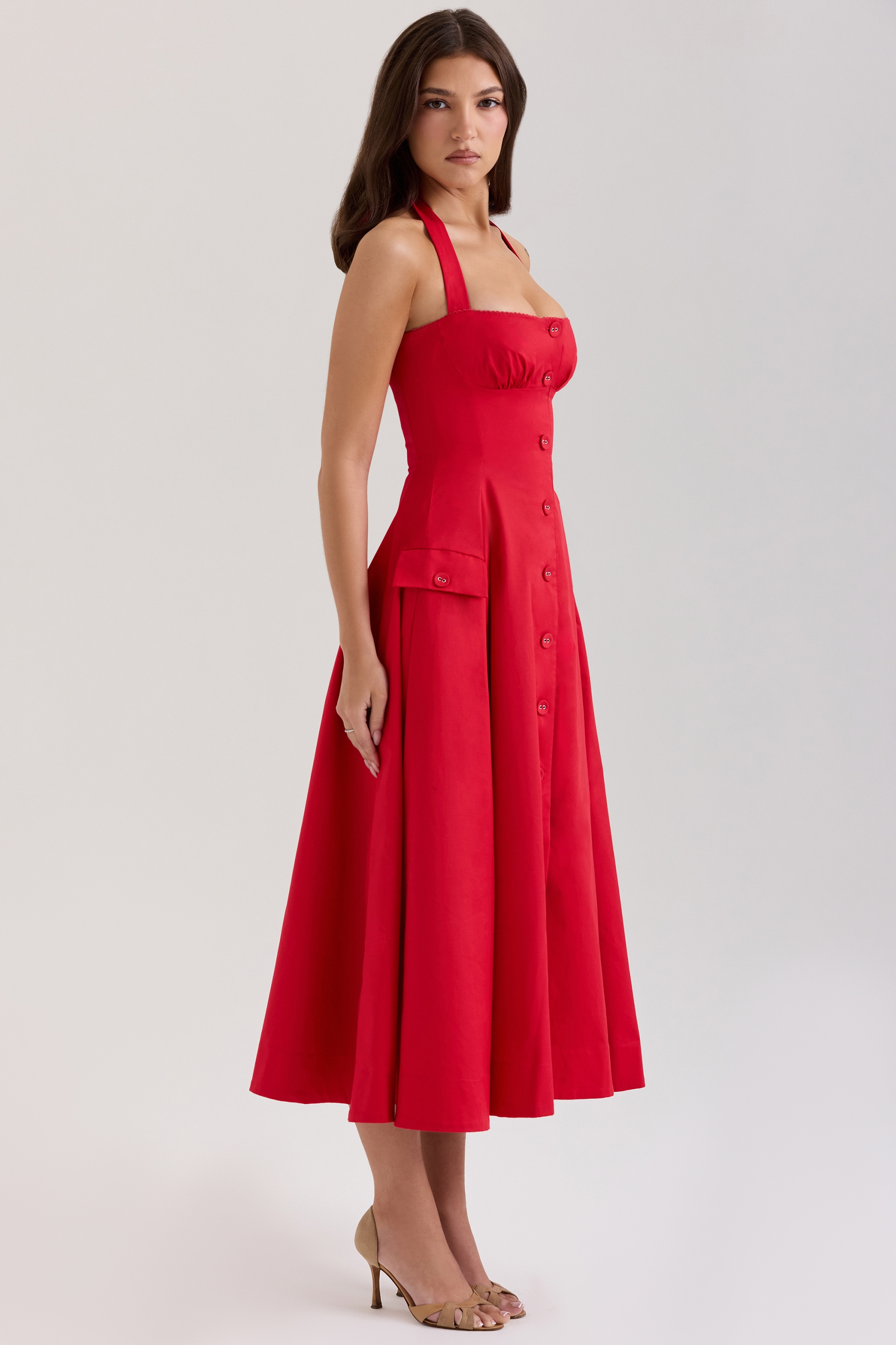 Red Stretch Cotton Button Halter Neck Midi Dress - TREBLEV