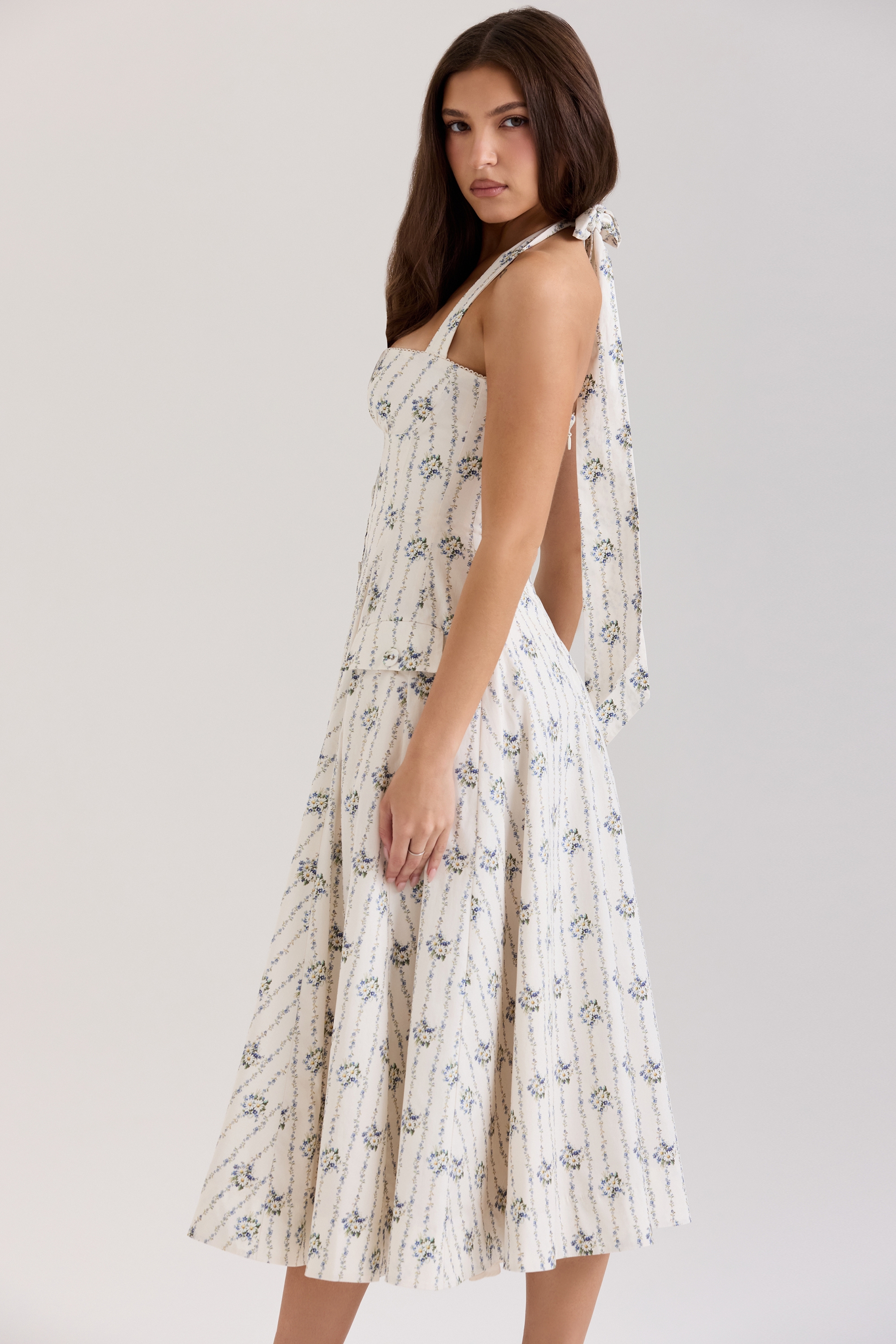 Cream Daisy Print Stretch Cotton Halter Neck Midi Dress - TREBLEV