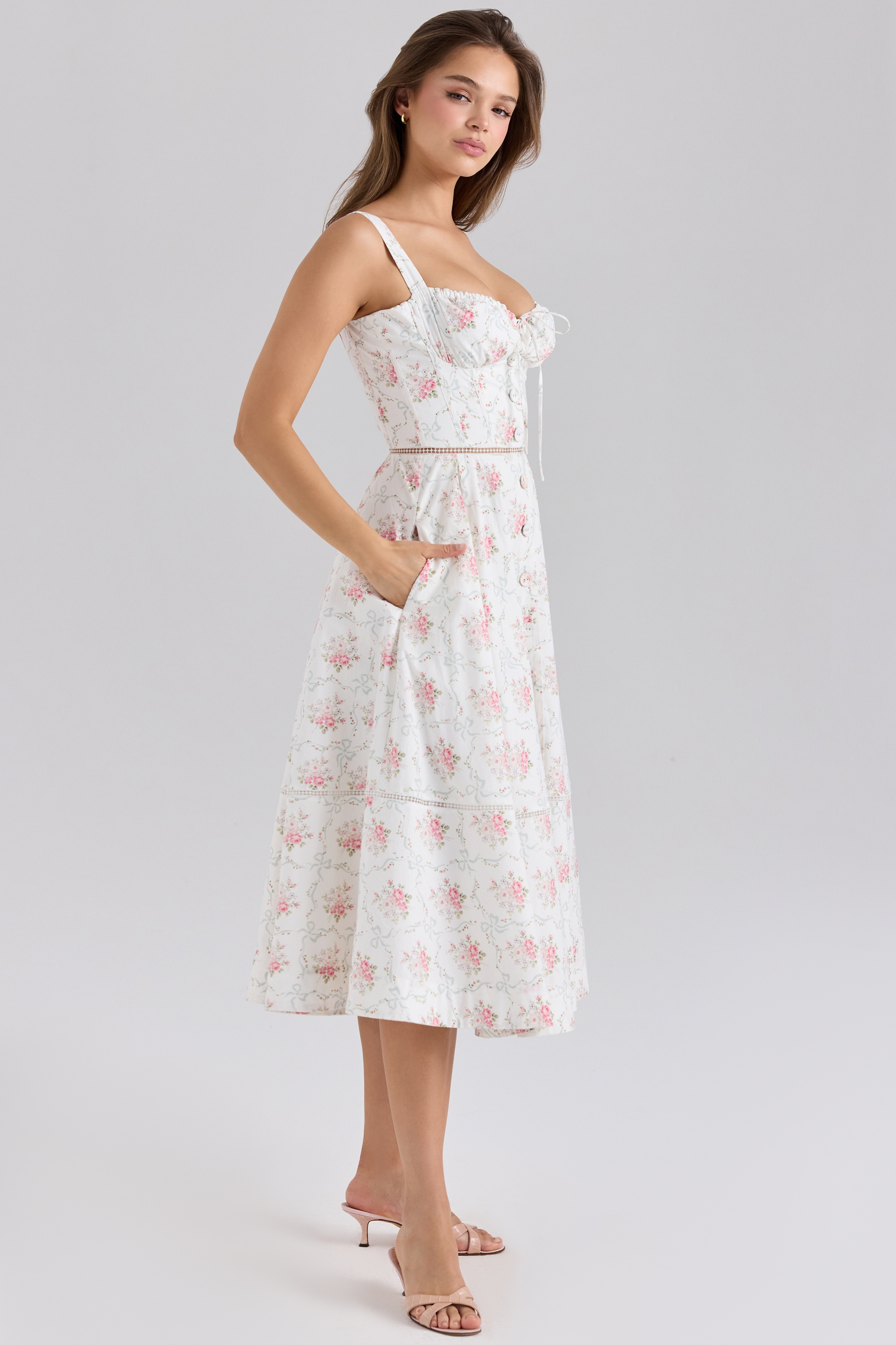Rose Print Cotton Button Front Midi Dress - TREBLEV