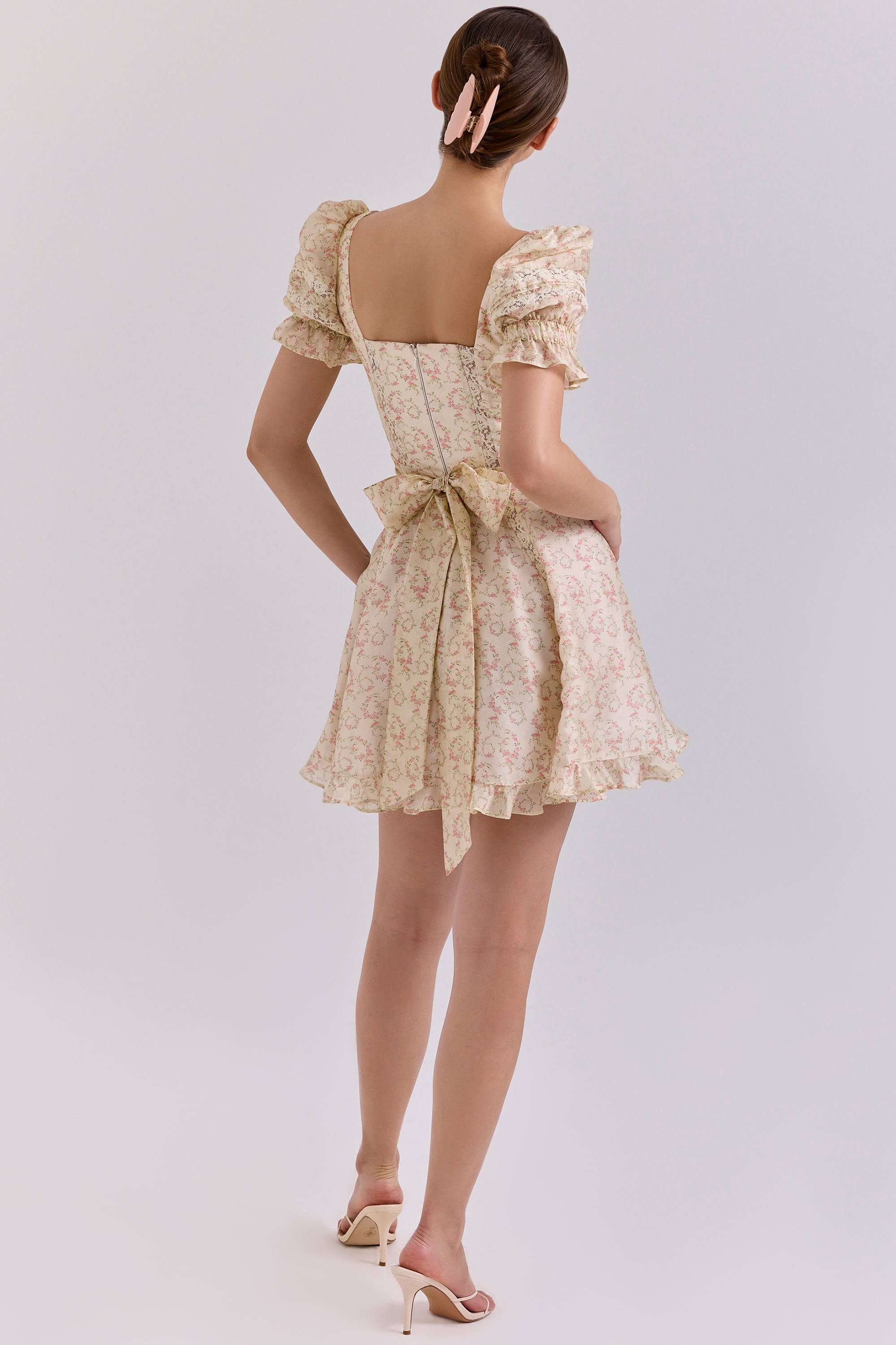 Cream Floral Print Chiffon Puff Sleeve Mini Dress - TREBLEV