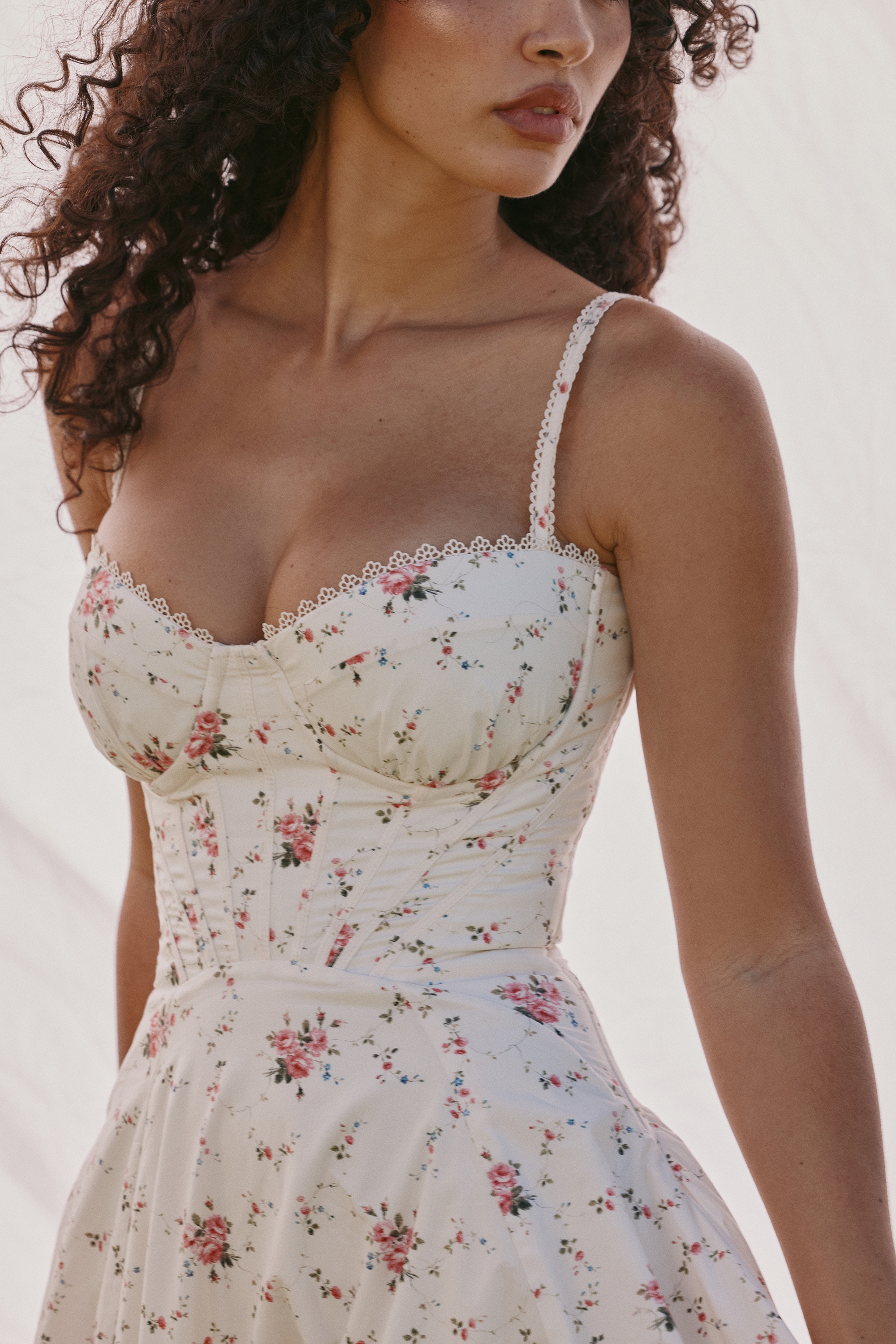 White Stretch Cotton Rose Print Midi Sundress - TREBLEV