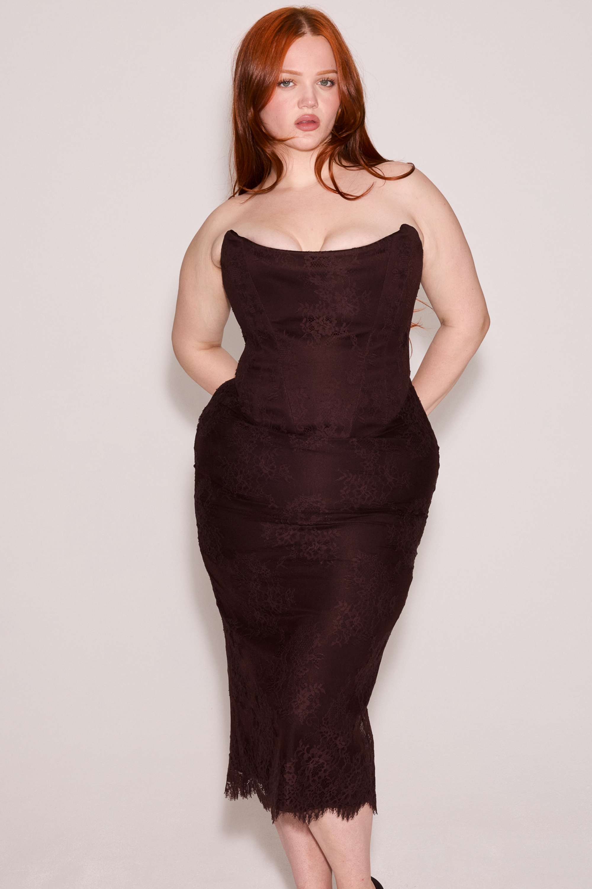 Bitter Chocolate Lace Corset Midi Dress & Bolero - TREBLEV