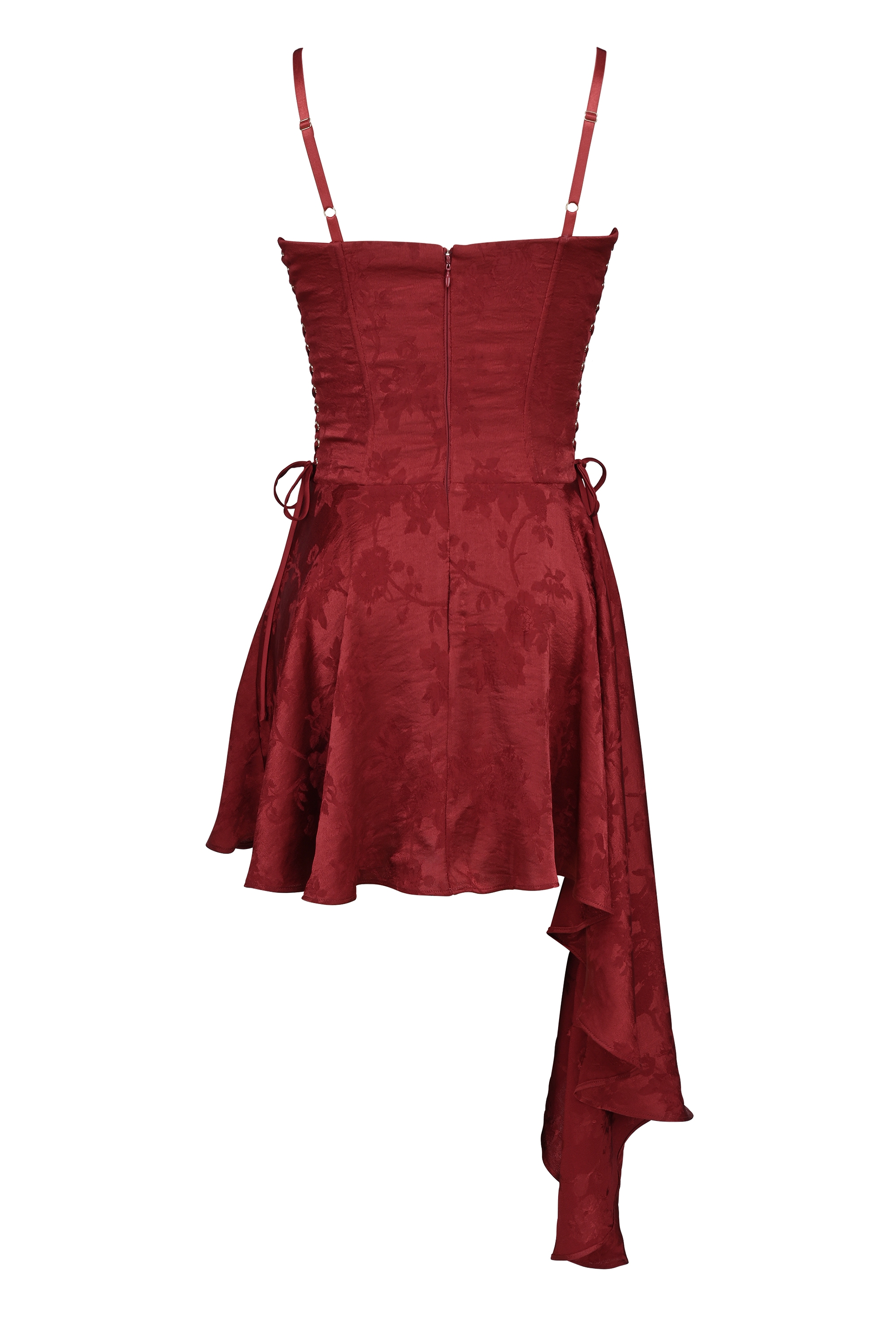 Wine Jacquard Satin Draped Mini Dress - TREBLEV