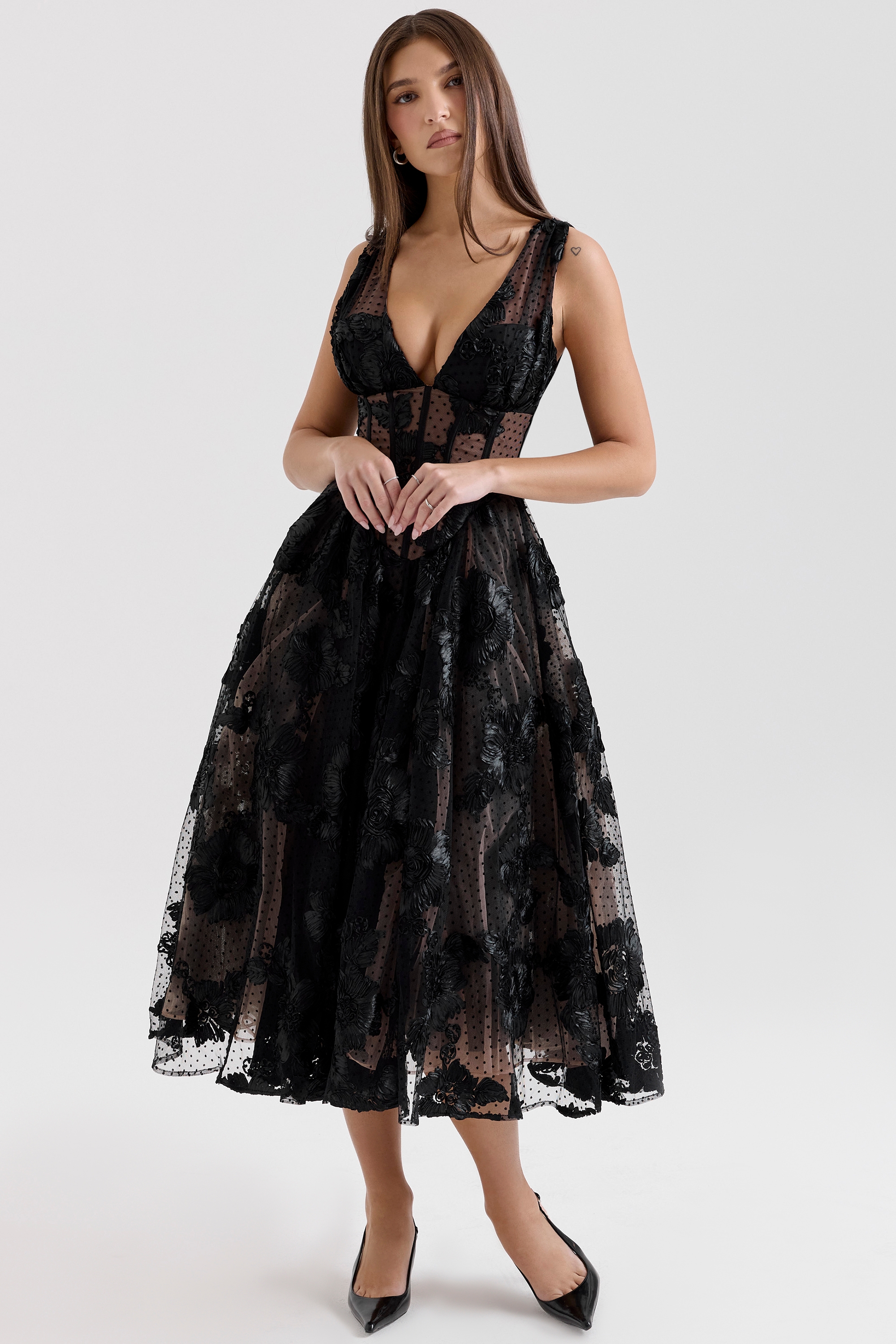 Black Embroidered Tulle Corset Midi Dress - TREBLEV