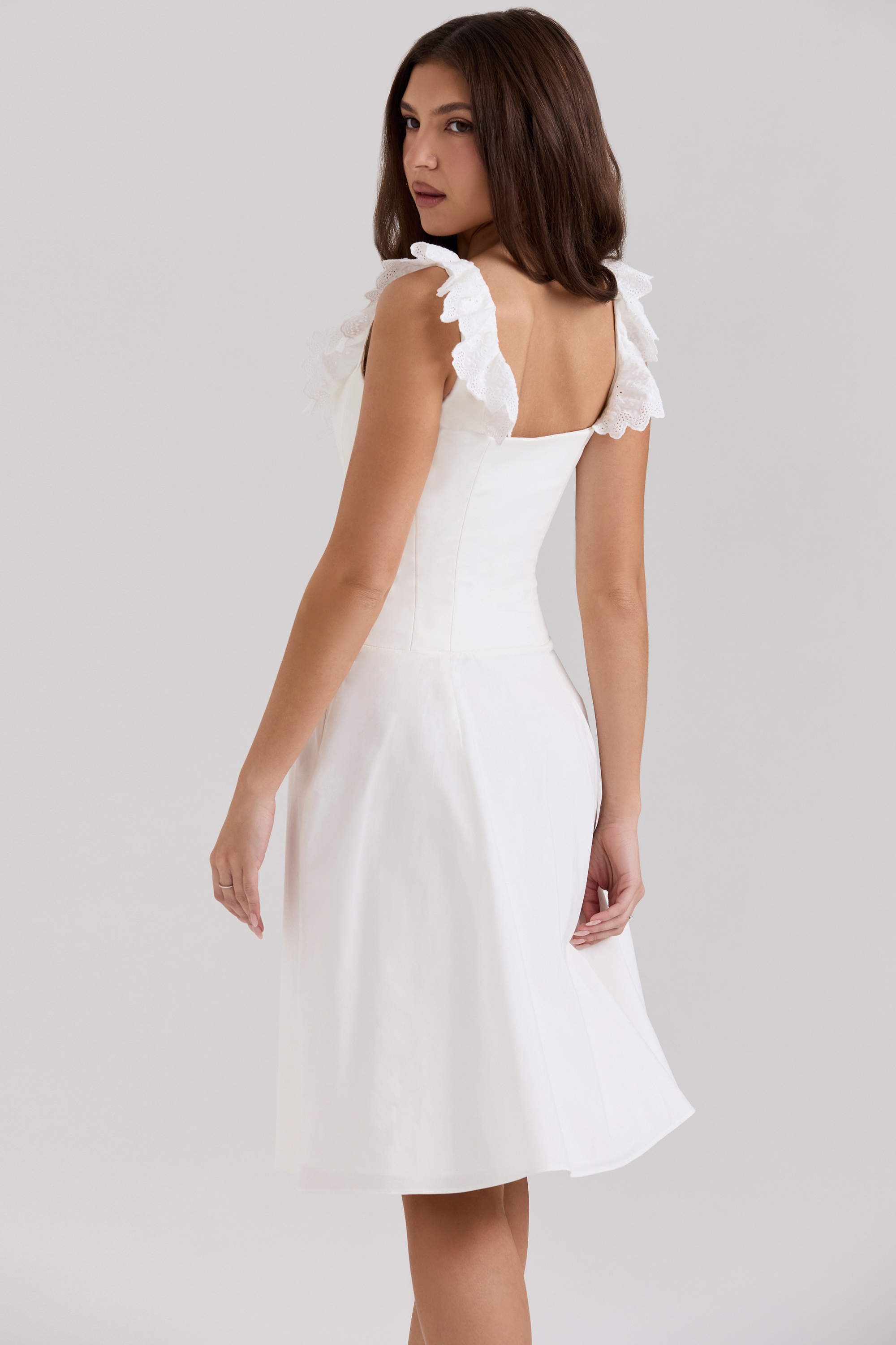 White Cotton Broderie Anglaise Trim Midi Dress - TREBLEV