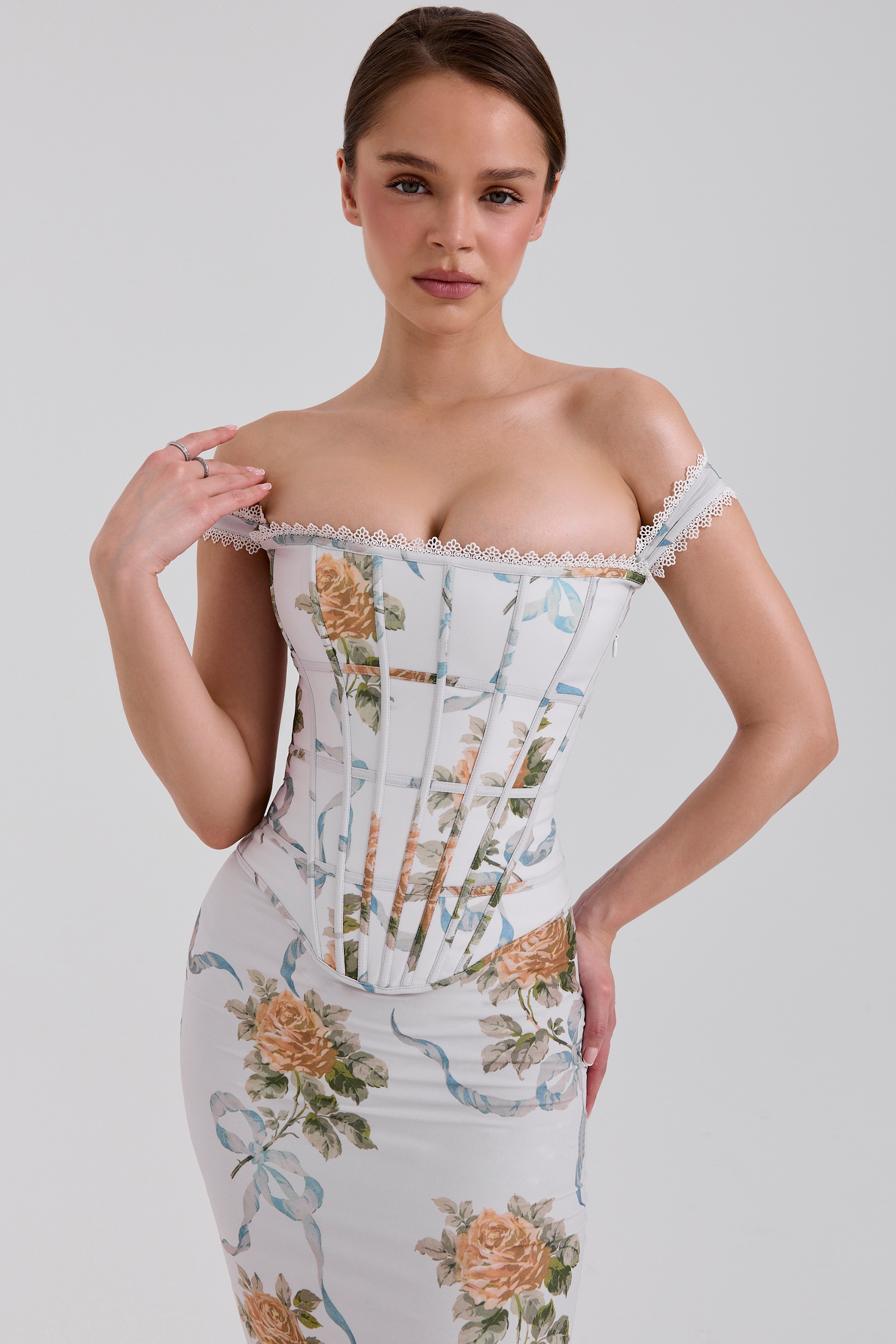 Soft Blue Vintage Print Corset Maxi Dress - TREBLEV