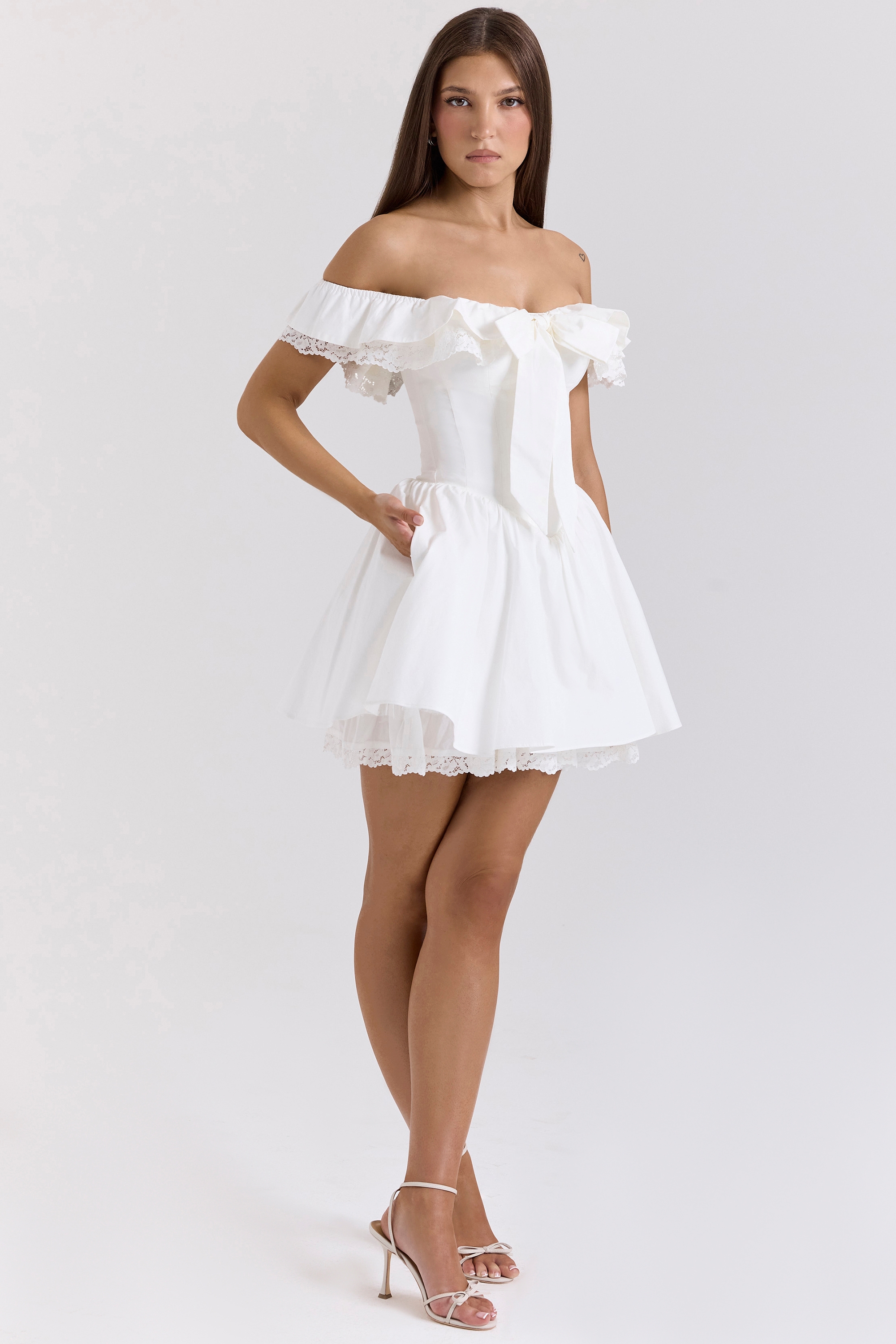 White Cotton Off Shoulder Corset Mini Dress - TREBLEV