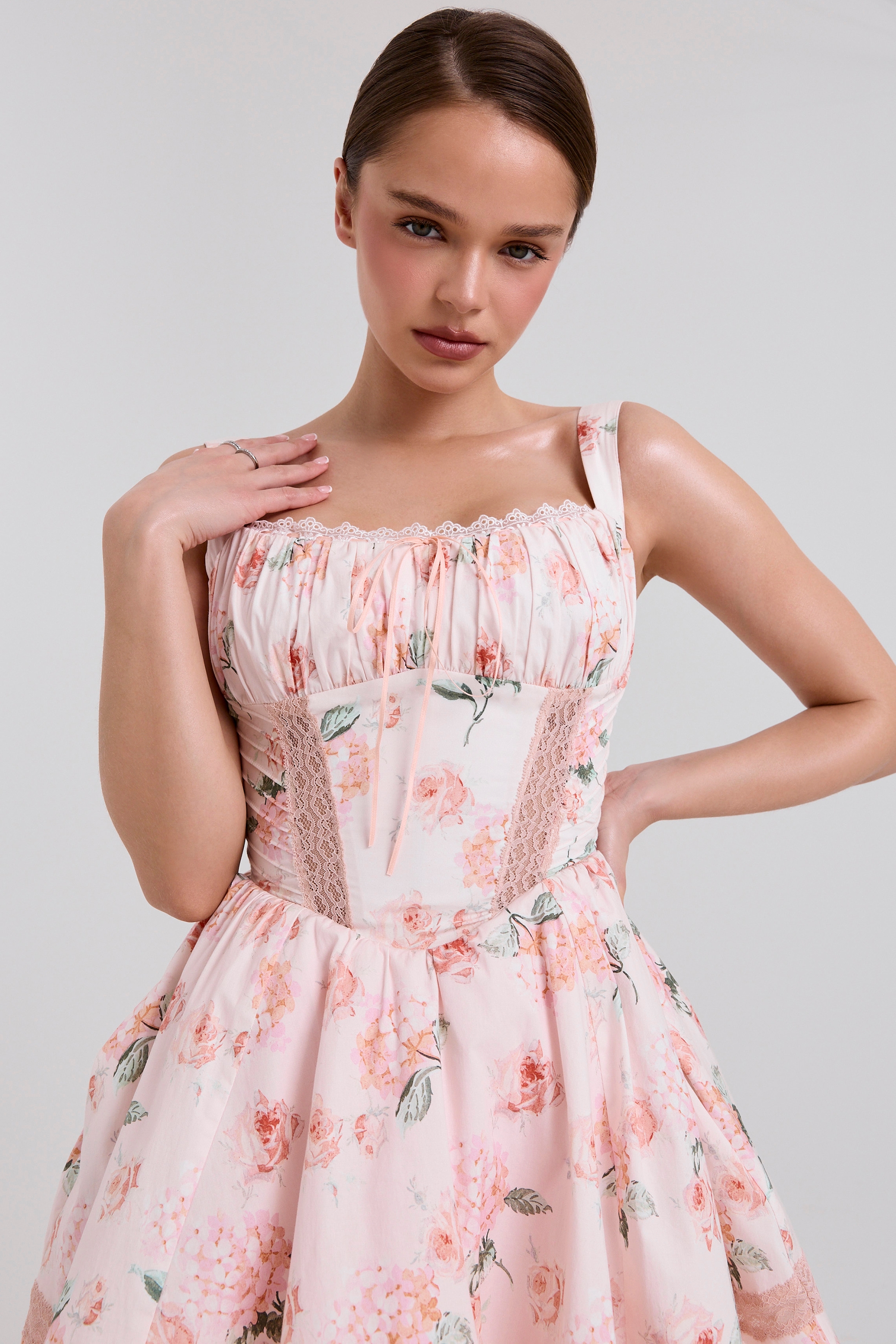 Peach Floral Rose Print Cotton Mini Dress - TREBLEV