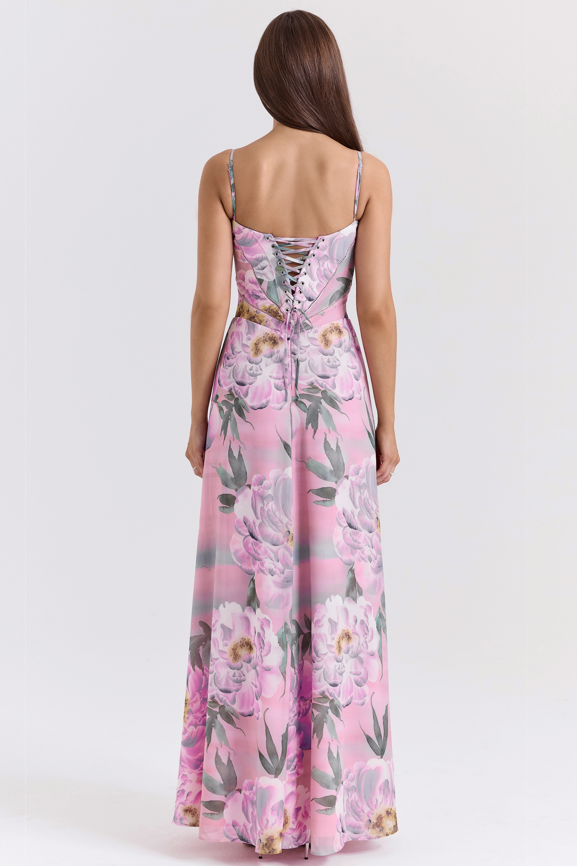 Pink Floral Print Lace Back Maxi Dress - TREBLEV