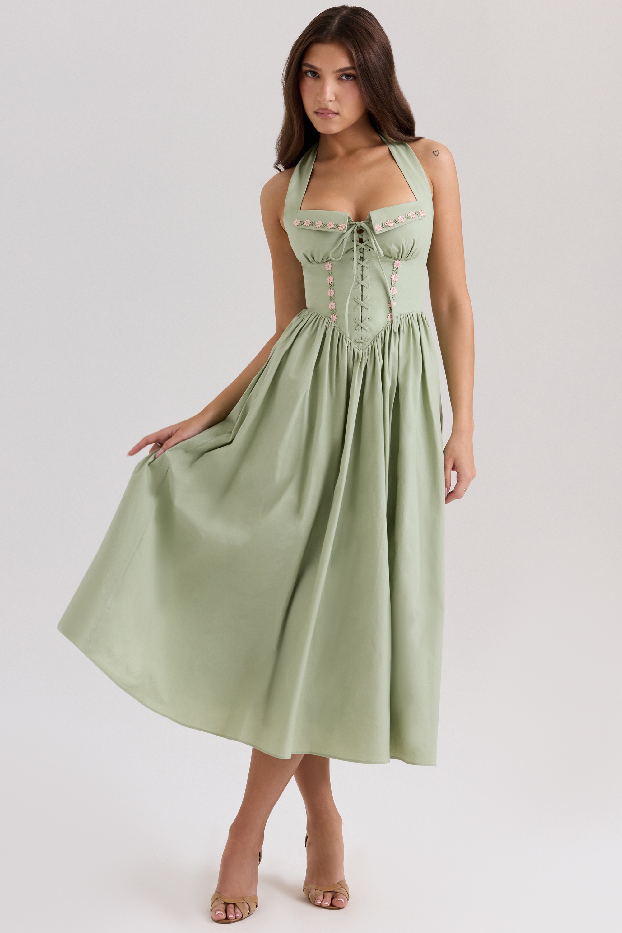 Sage Stretch Cotton Halter Neck Midi Dress - TREBLEV