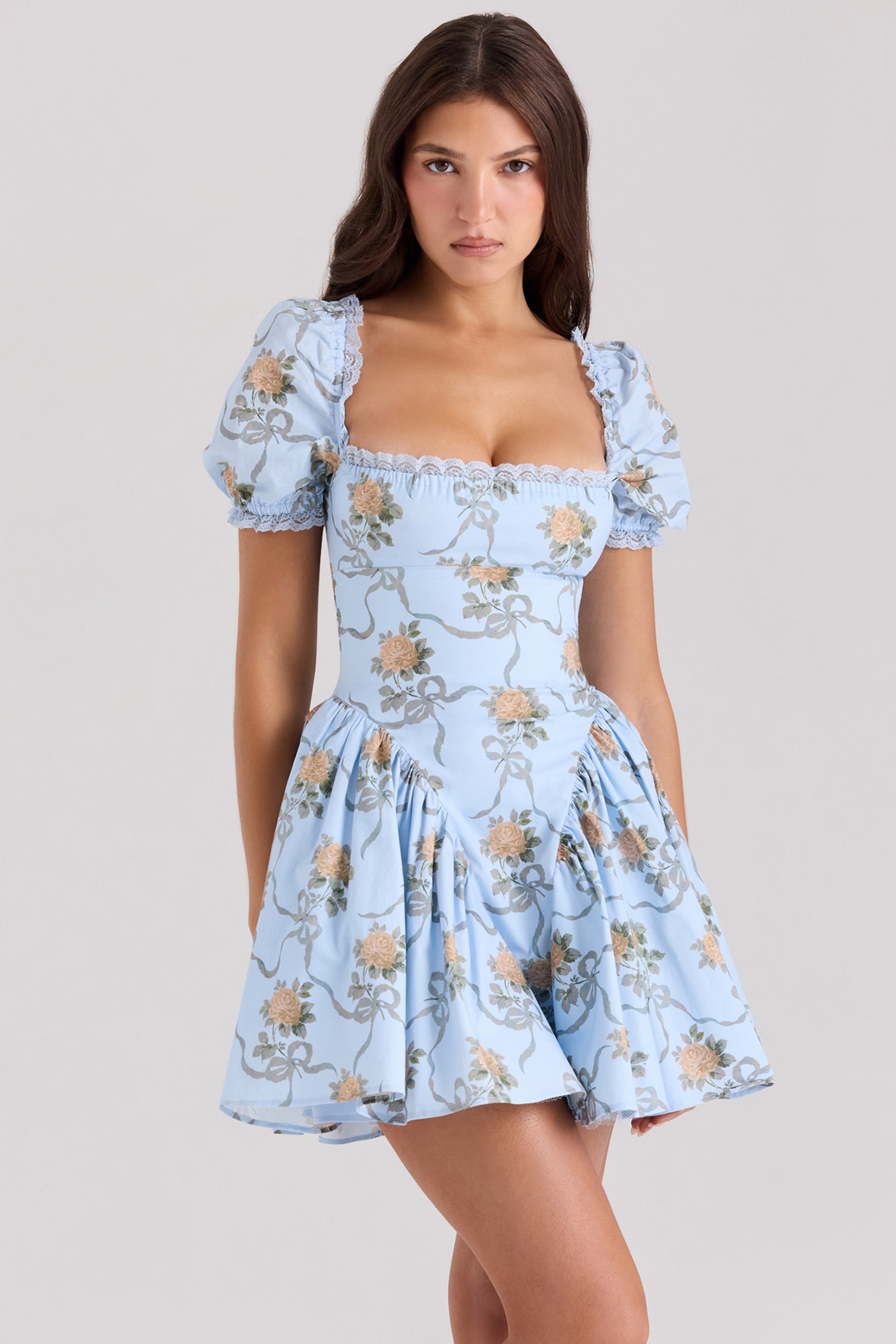 Blue Rose Print Cotton Mini Dress - TREBLEV
