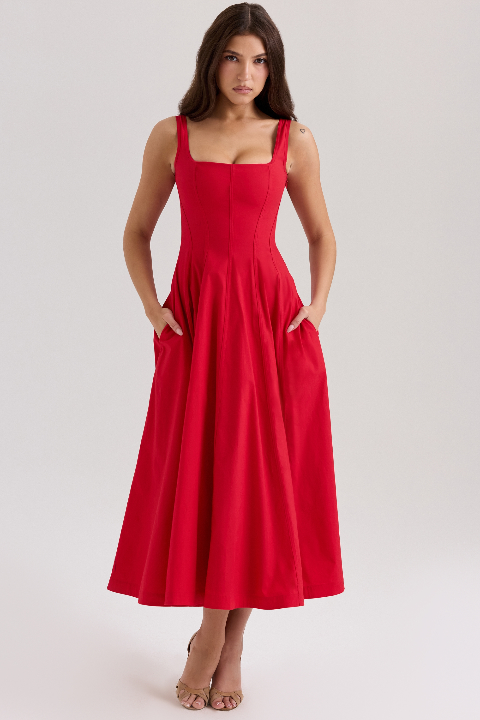 Red Stretch Cotton Midi Sundress - TREBLEV