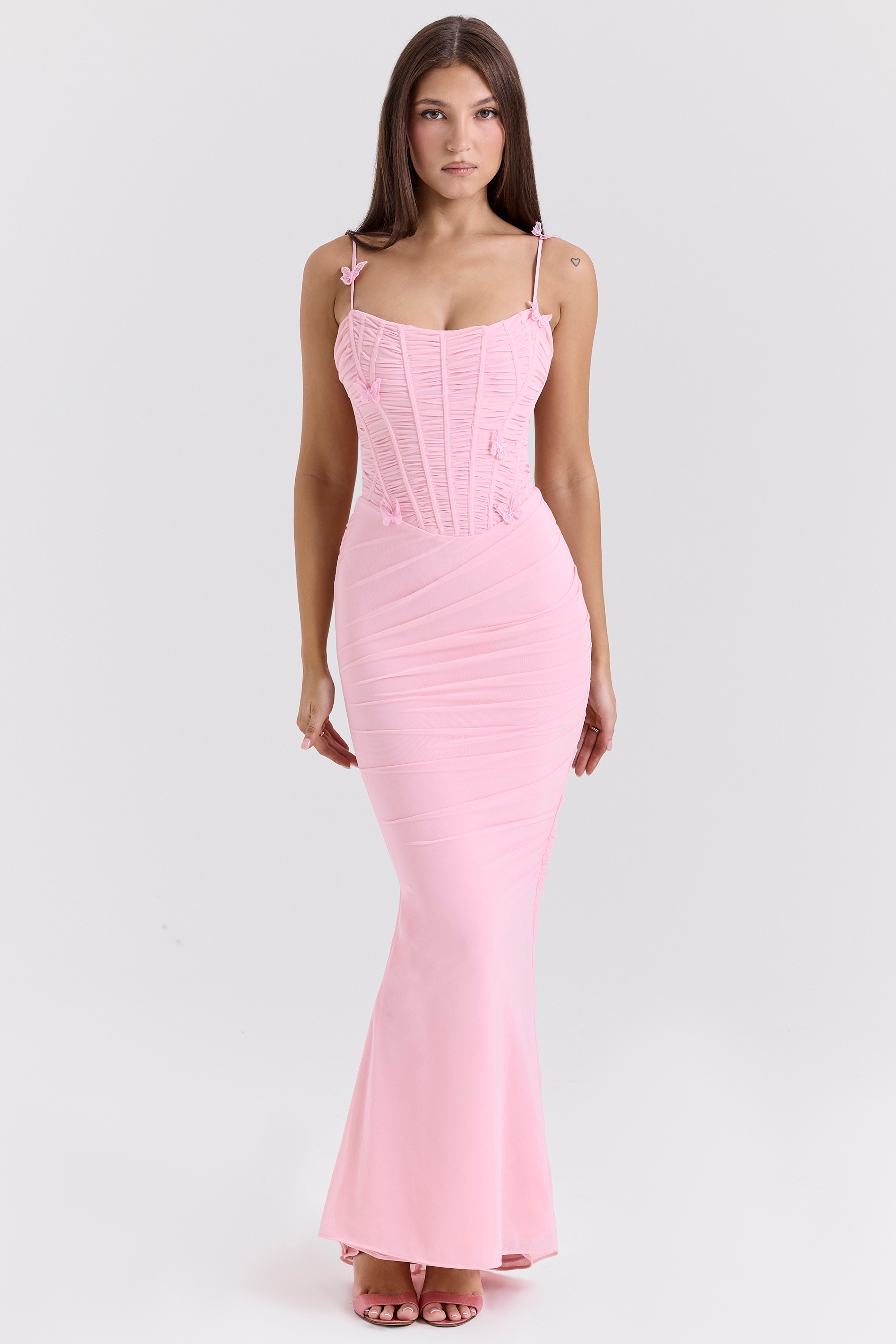 Pink Stretch Mesh Butterfly Maxi Dress - TREBLEV