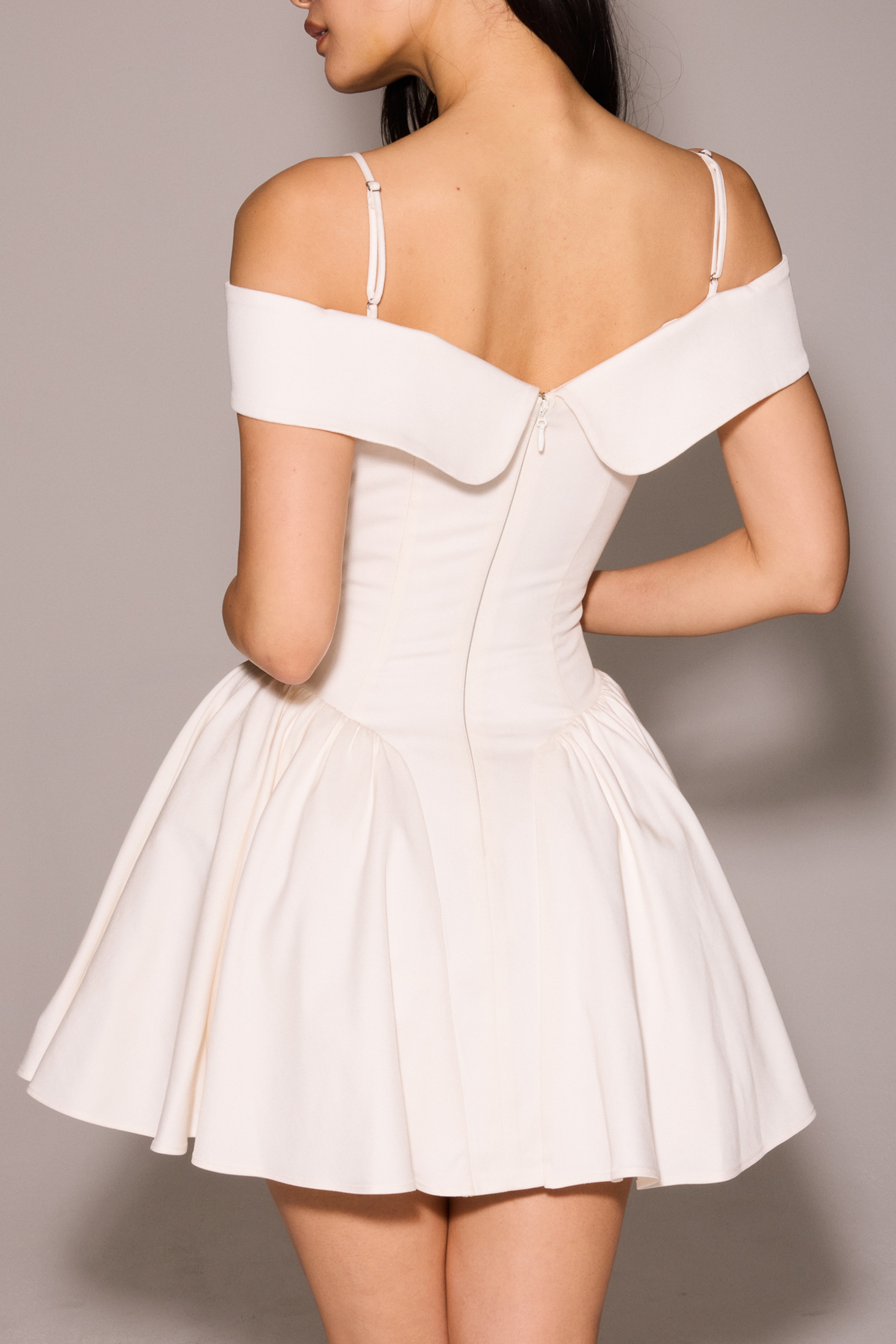 White Twill Off Shoulder Mini Dress - TREBLEV