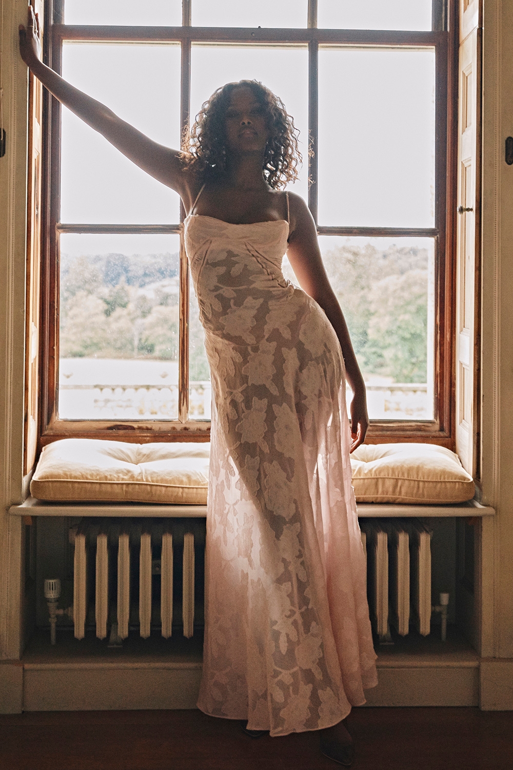 Soft Pink Floral Lace Back Maxi Dress - TREBLEV