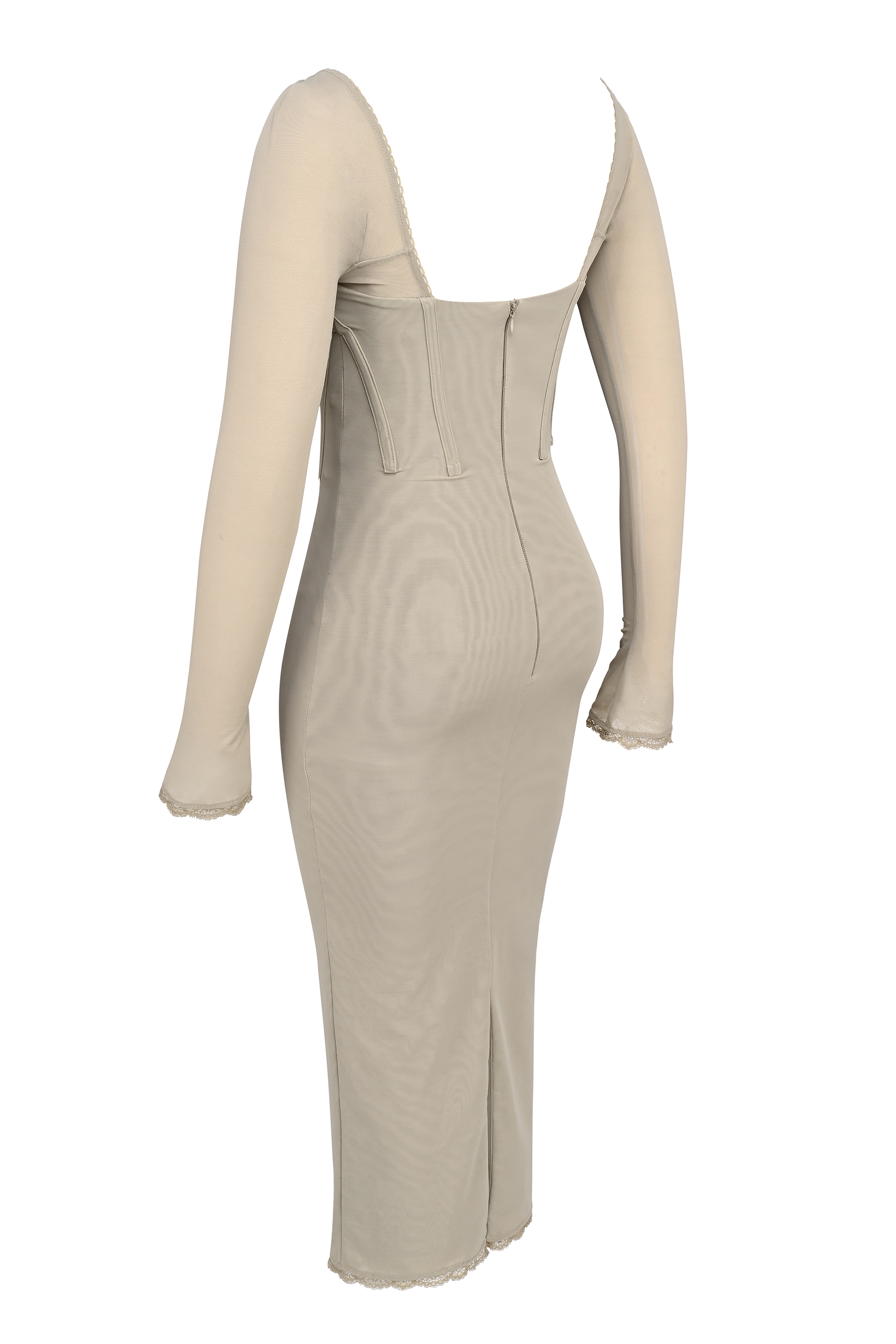 Beige Mesh Long Sleeve Bodycon Midi Dress - TREBLEV