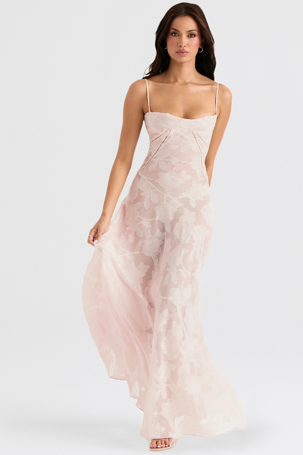 Soft Pink Floral Lace Back Maxi Dress - TREBLEV