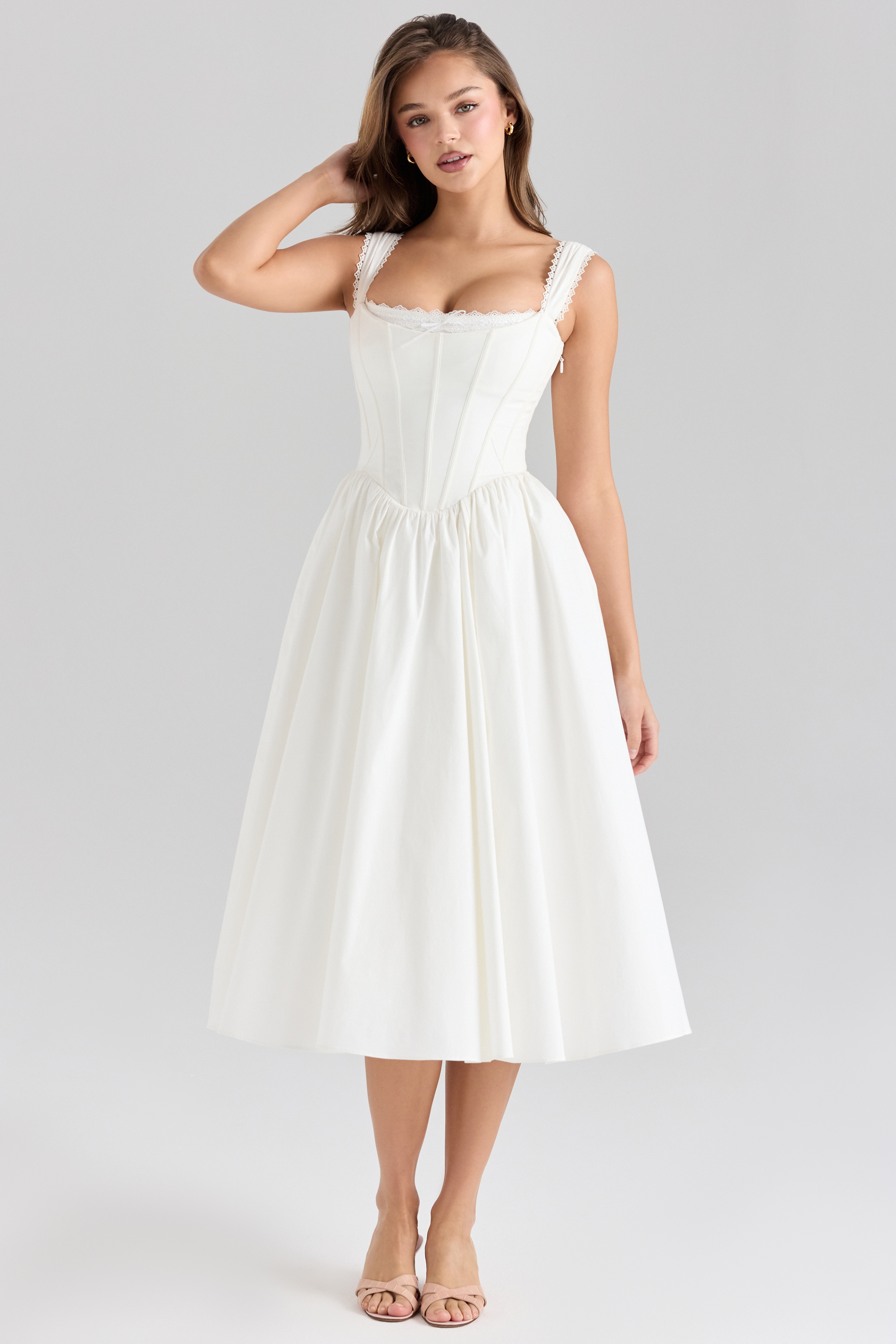 White Stretch Cotton Corset Midi Dress - TREBLEV