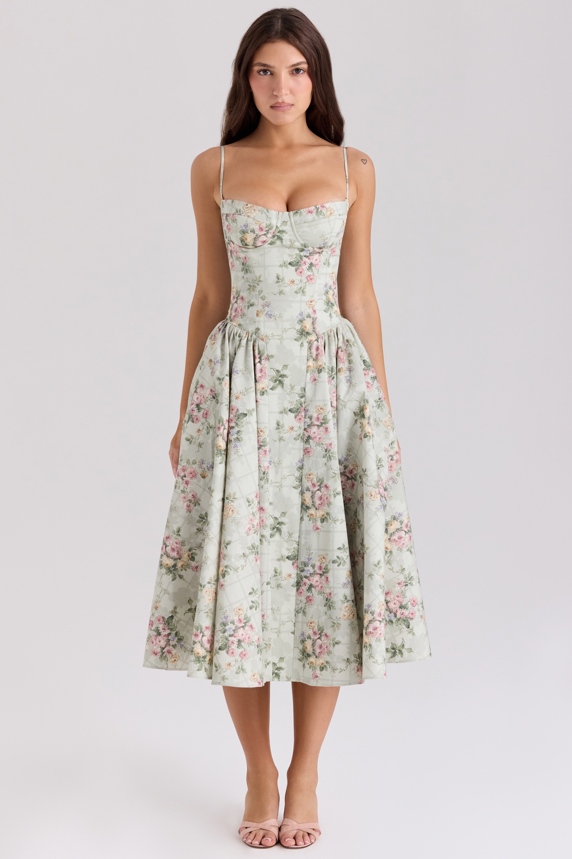 Sage Floral Print Cotton Midi Dress - TREBLEV