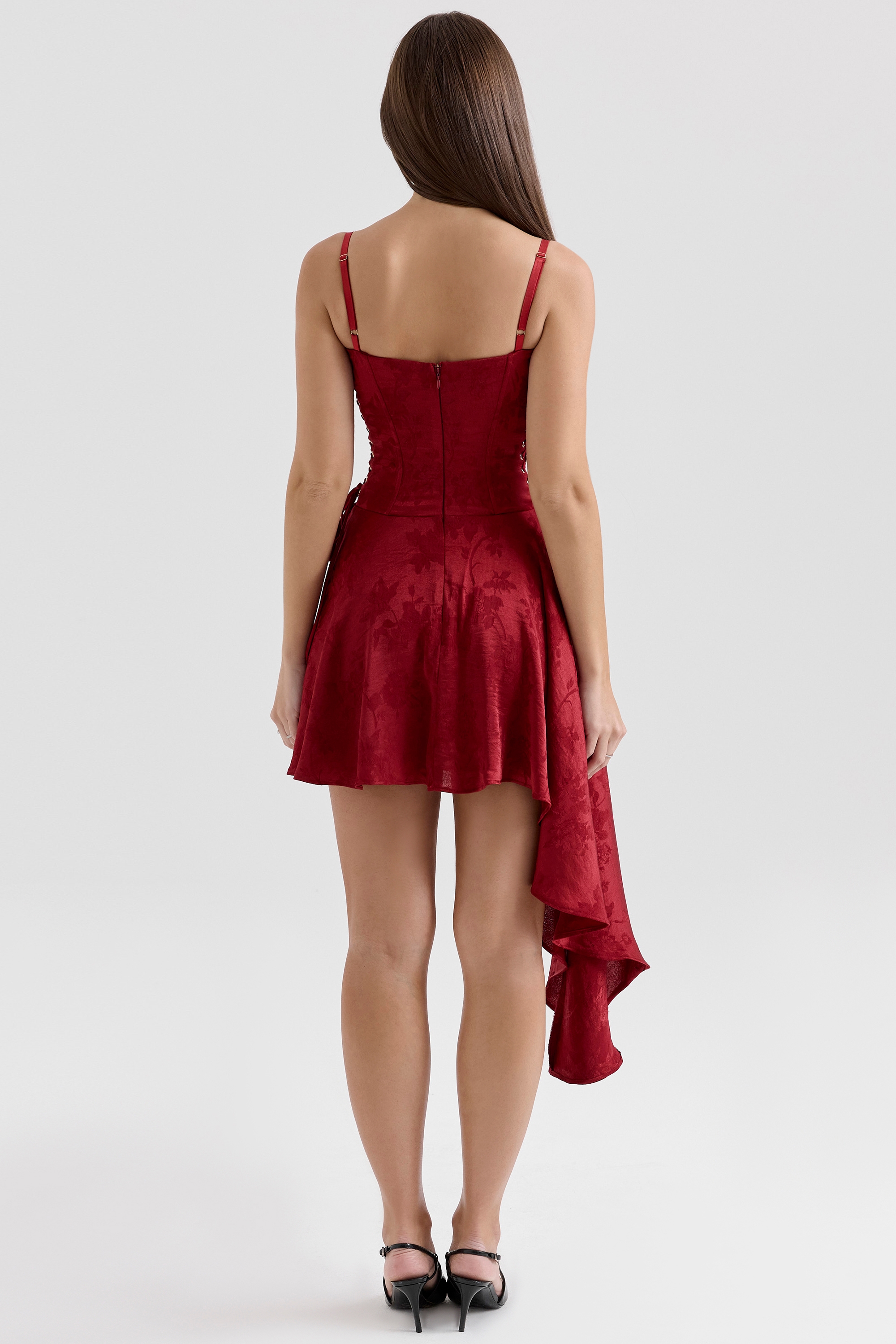 Wine Jacquard Satin Draped Mini Dress - TREBLEV