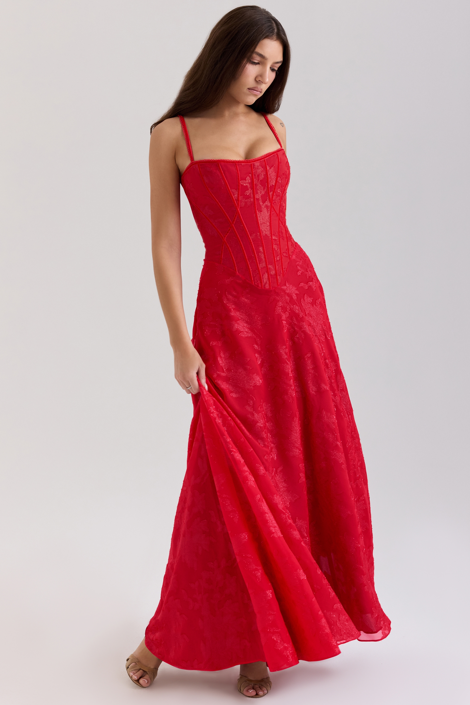 Red Lurex Chiffon Maxi Dress - TREBLEV
