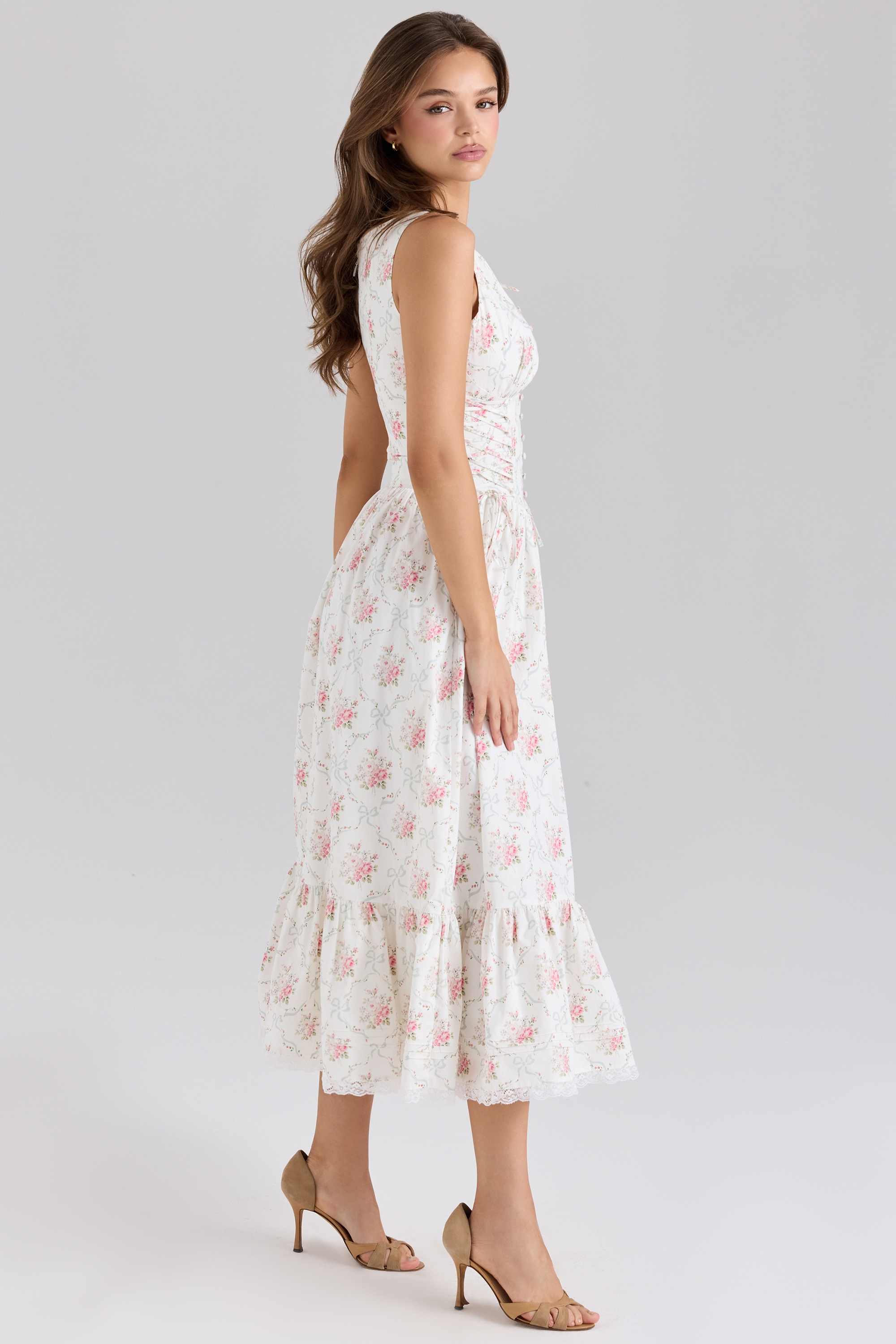 Rose Print Stretch Cotton Lace Up Midi Dress - TREBLEV