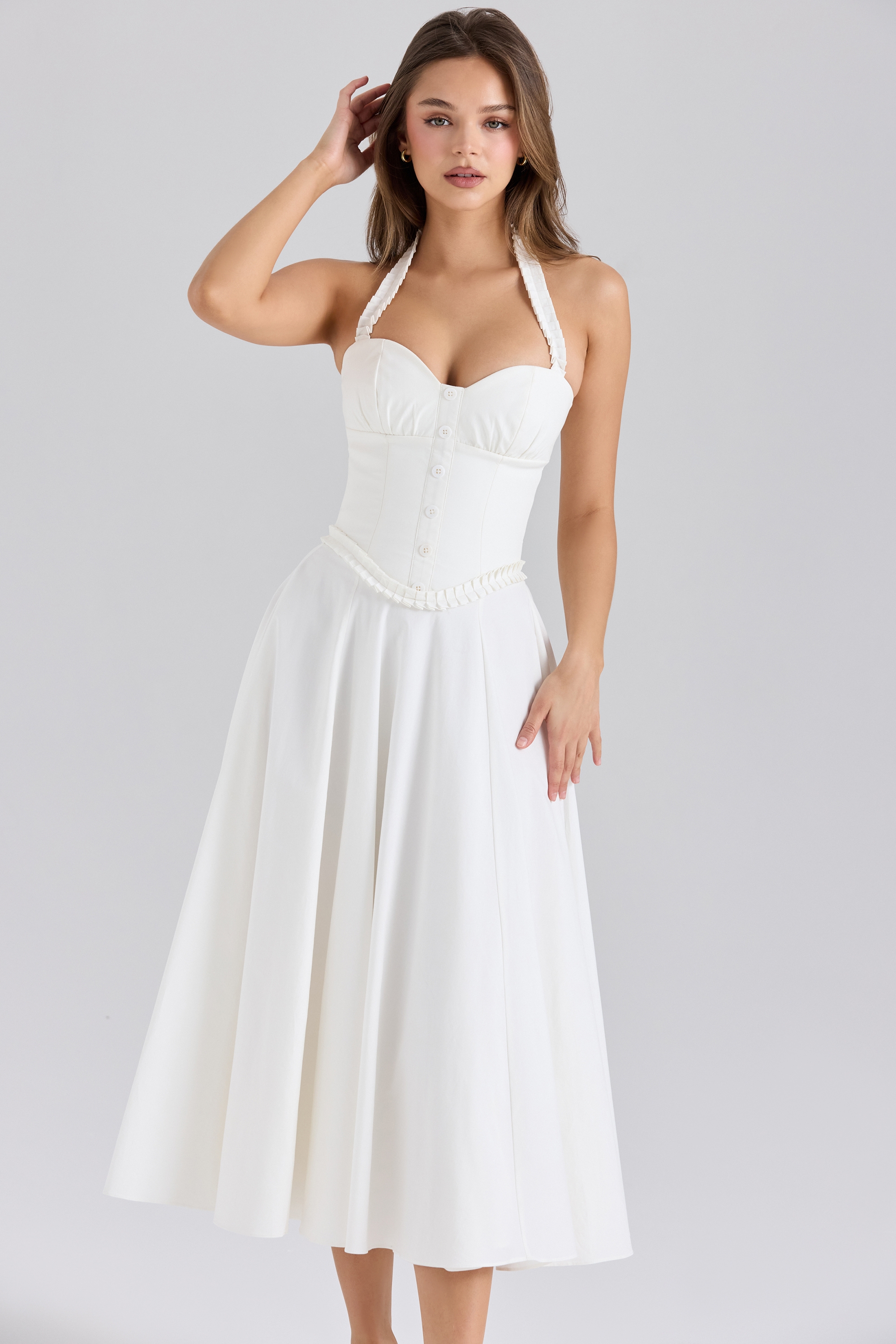 White Stretch Cotton Halter Neck Midi Dress - TREBLEV