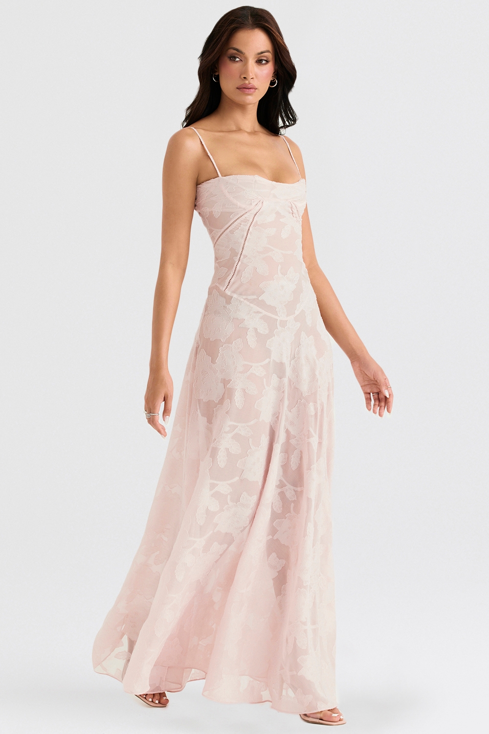 Soft Pink Floral Lace Back Maxi Dress - TREBLEV