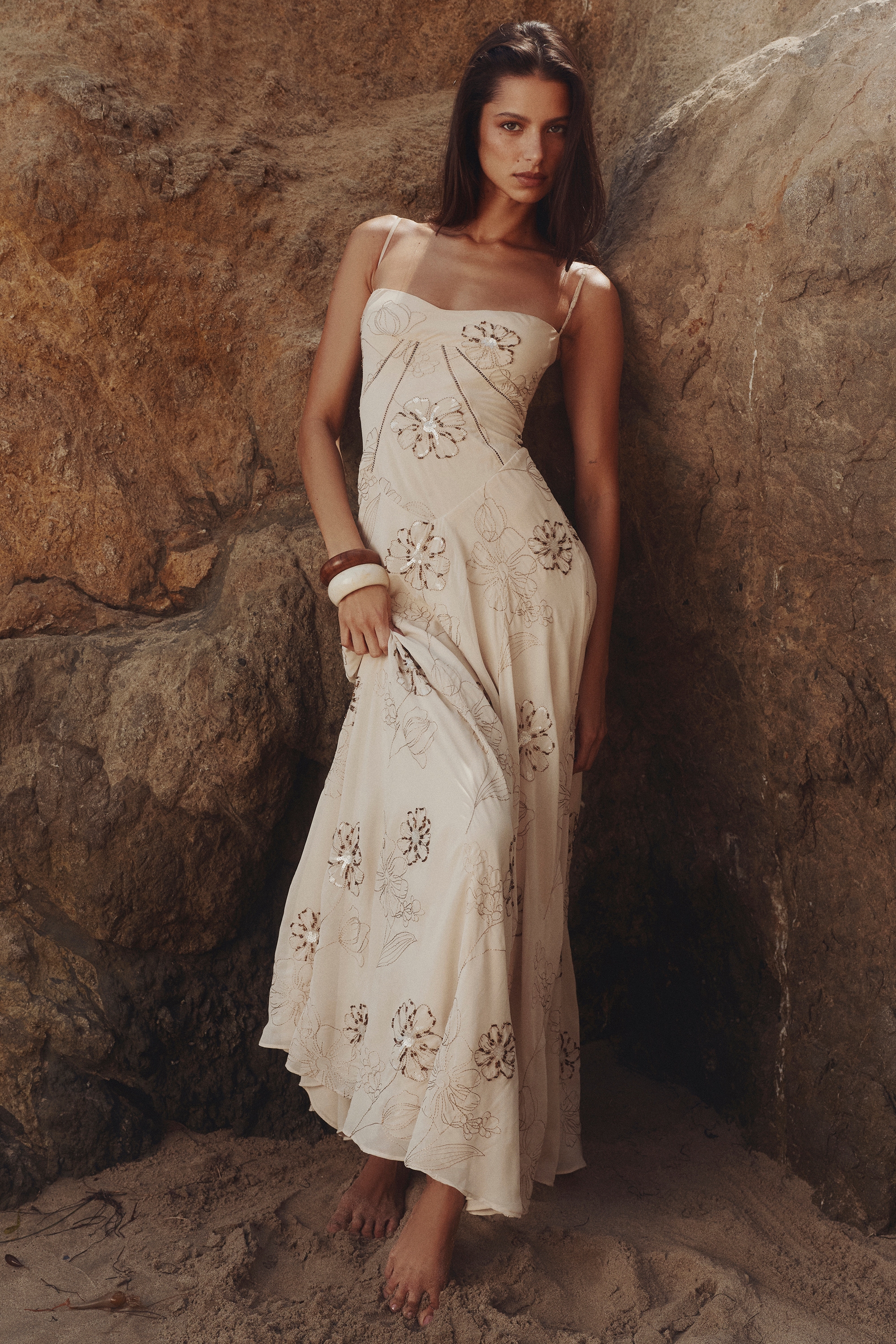 Vanilla Embroidered Hand Beaded Floral Maxi Dress - TREBLEV