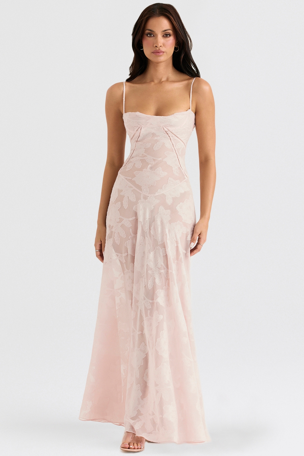 Soft Pink Floral Lace Back Maxi Dress - TREBLEV