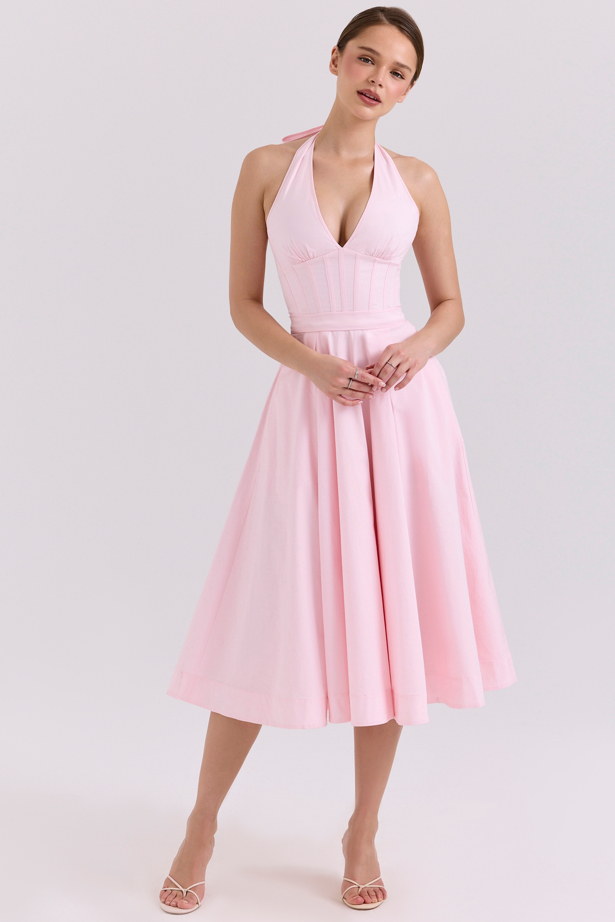 Pink Stretch Cotton Halter Midi Sundress - TREBLEV