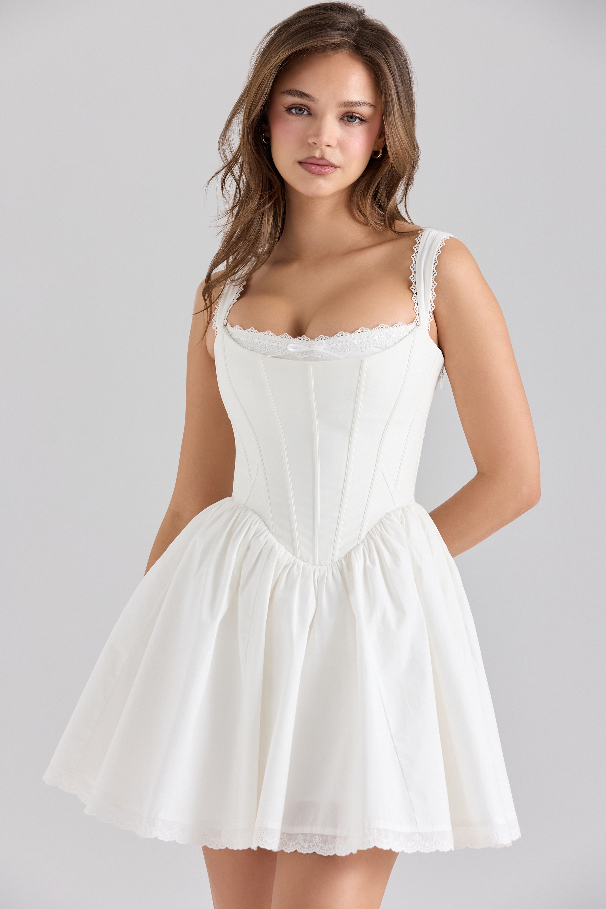White Stretch Cotton Corset Mini Dress - TREBLEV
