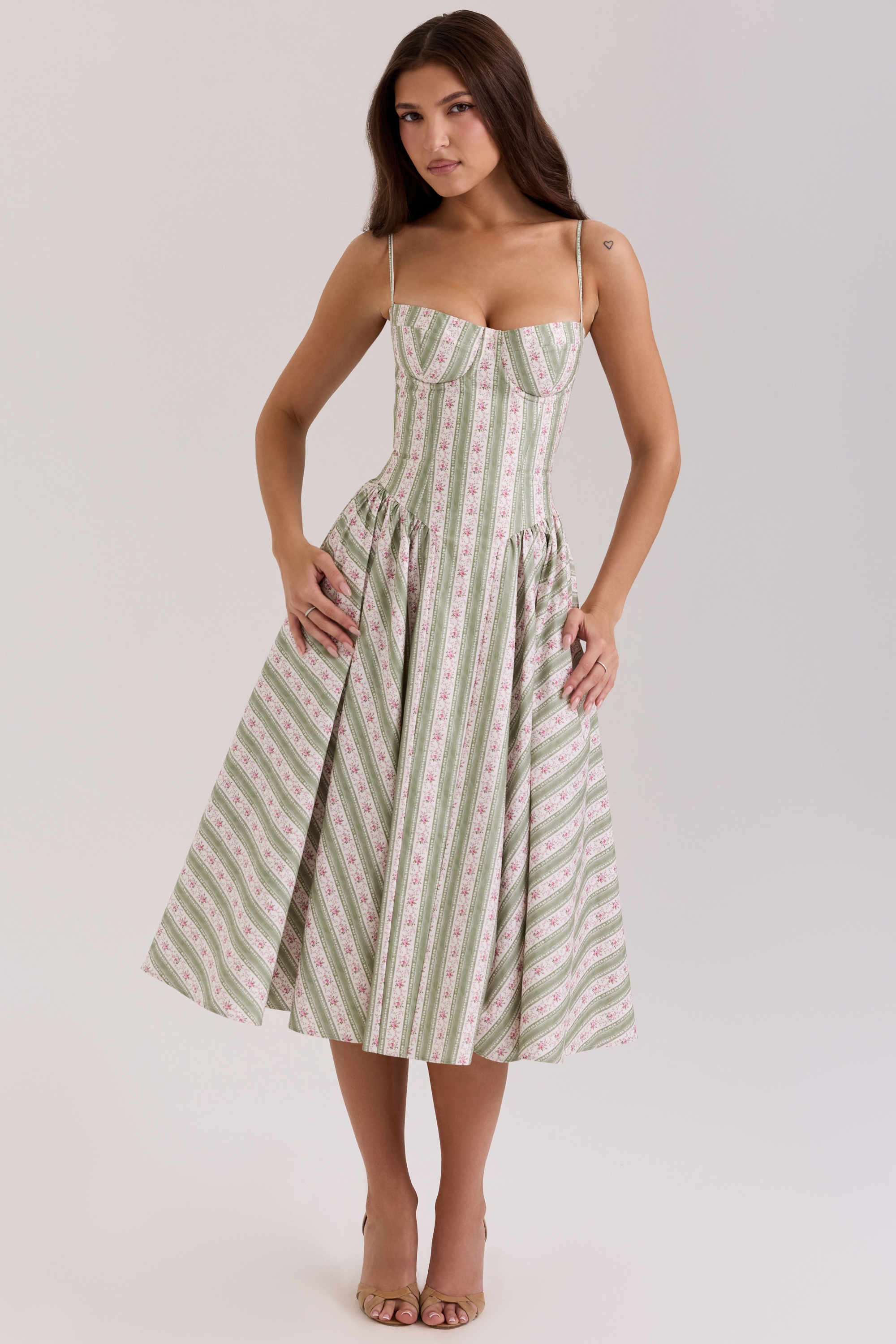 Sage Striped Floral Print Cotton Midi Dress - TREBLEV