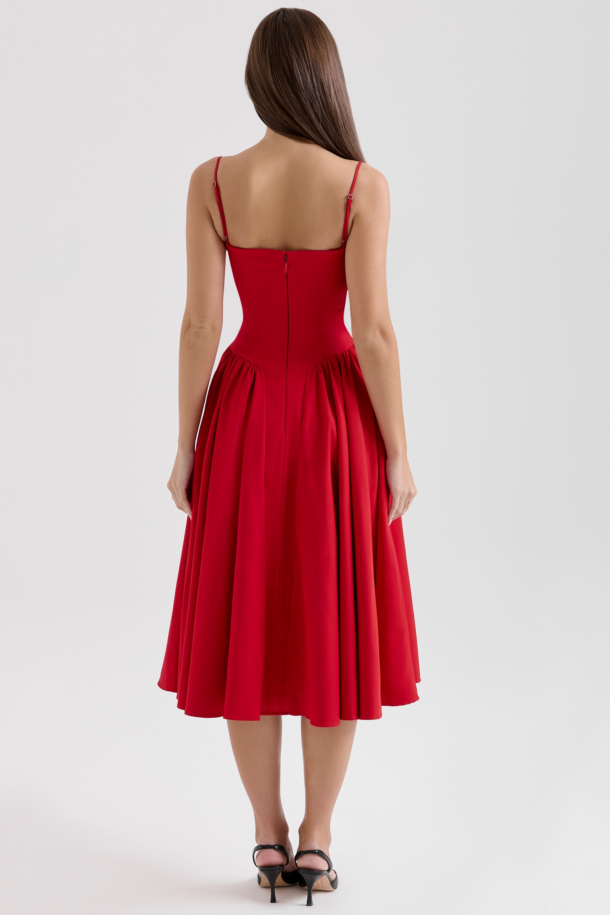 Red Gathered Midi Dress - TREBLEV