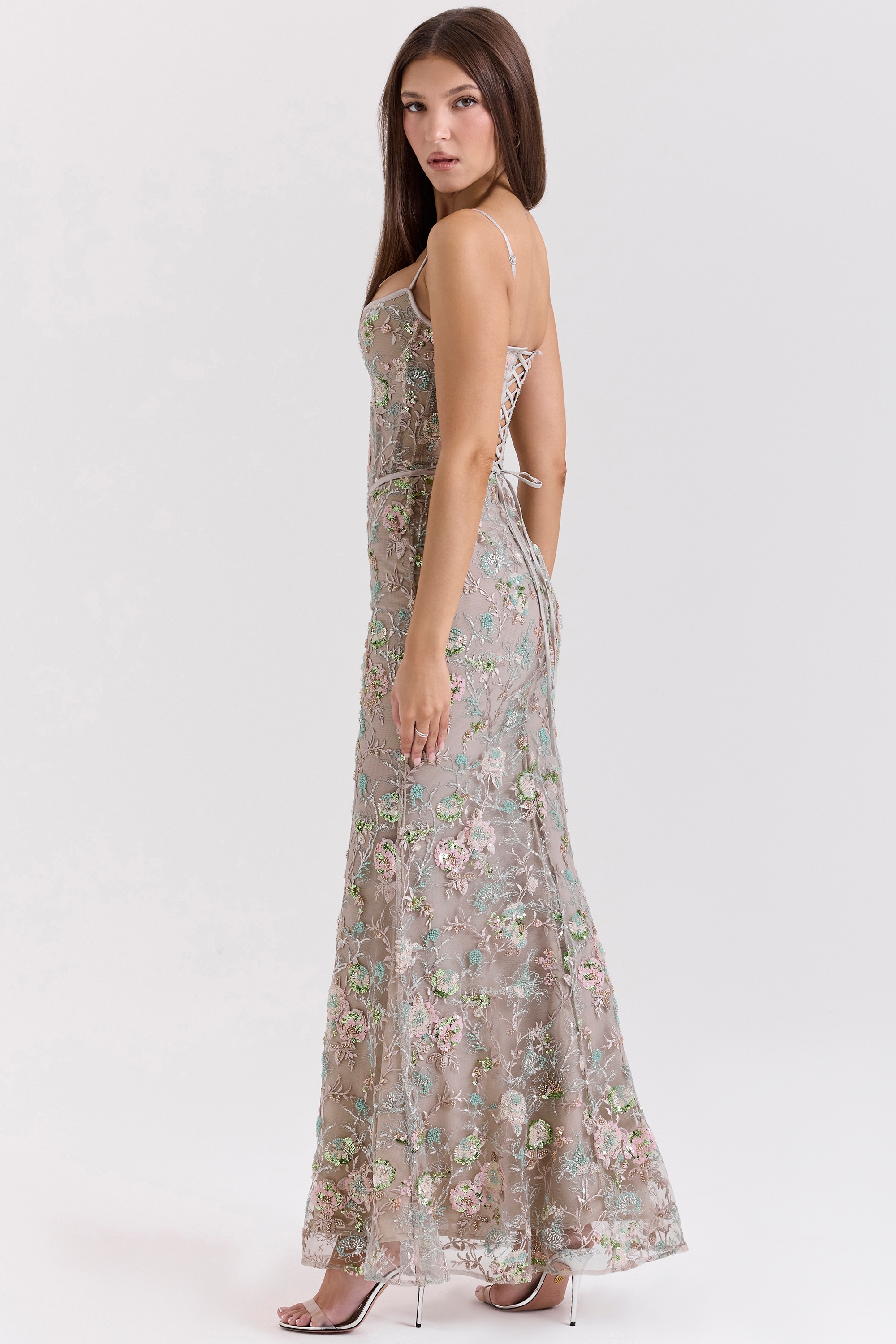 Silver Embellished Beaded Corset Maxi Dress - TREBLEV