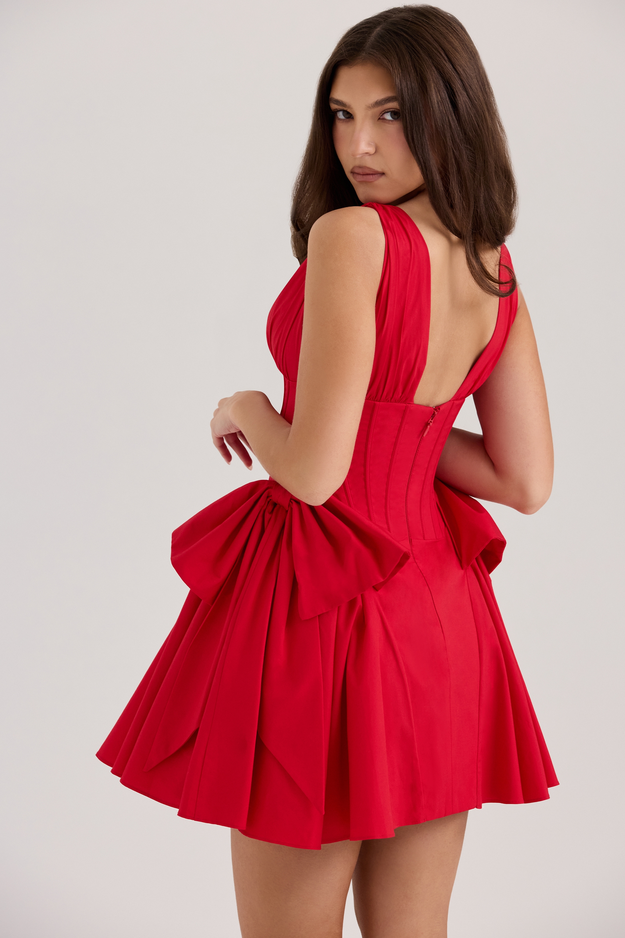 Red Cotton Bow Mini Dress - TREBLEV