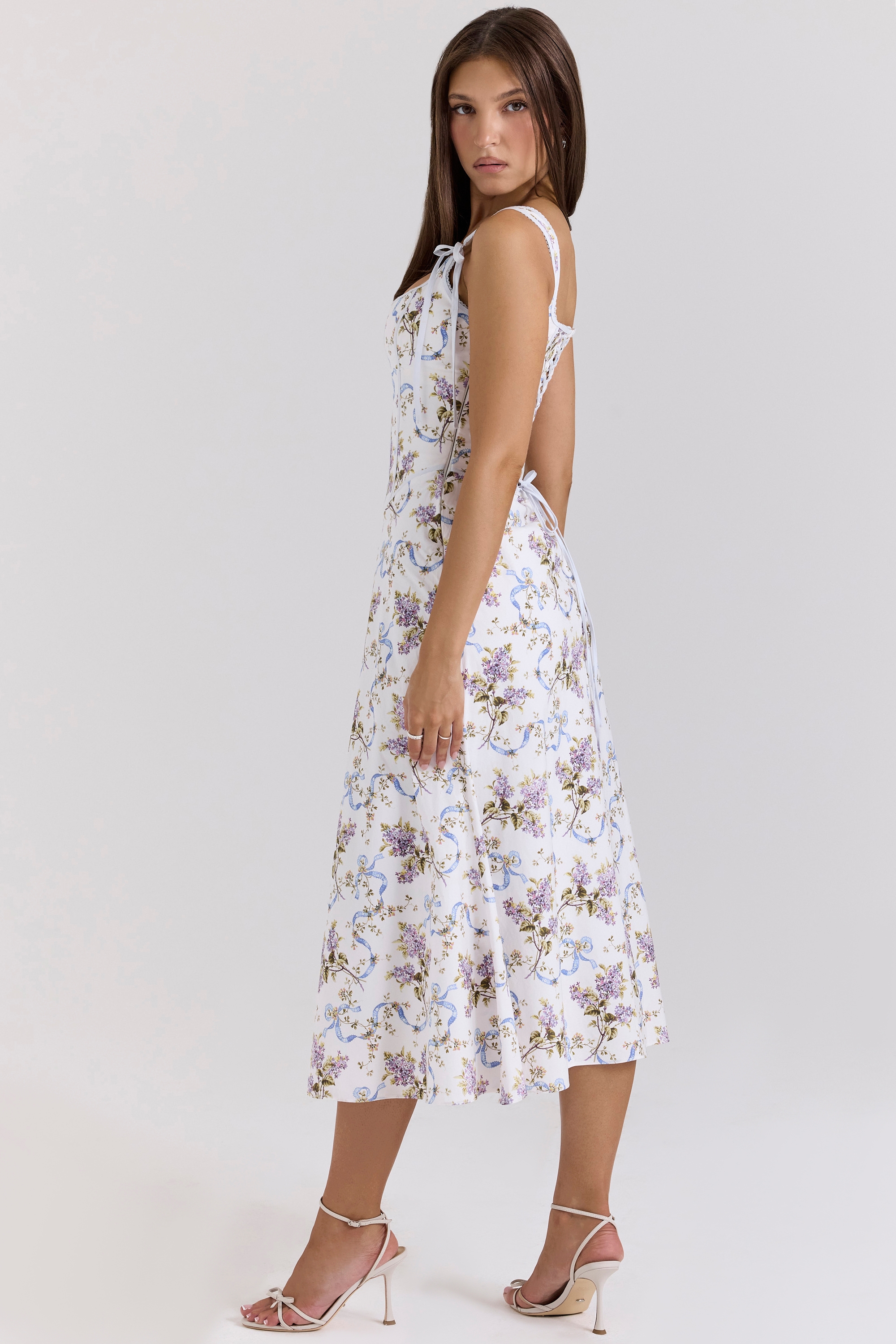Off White Floral Print Cotton Midi Dress - TREBLEV