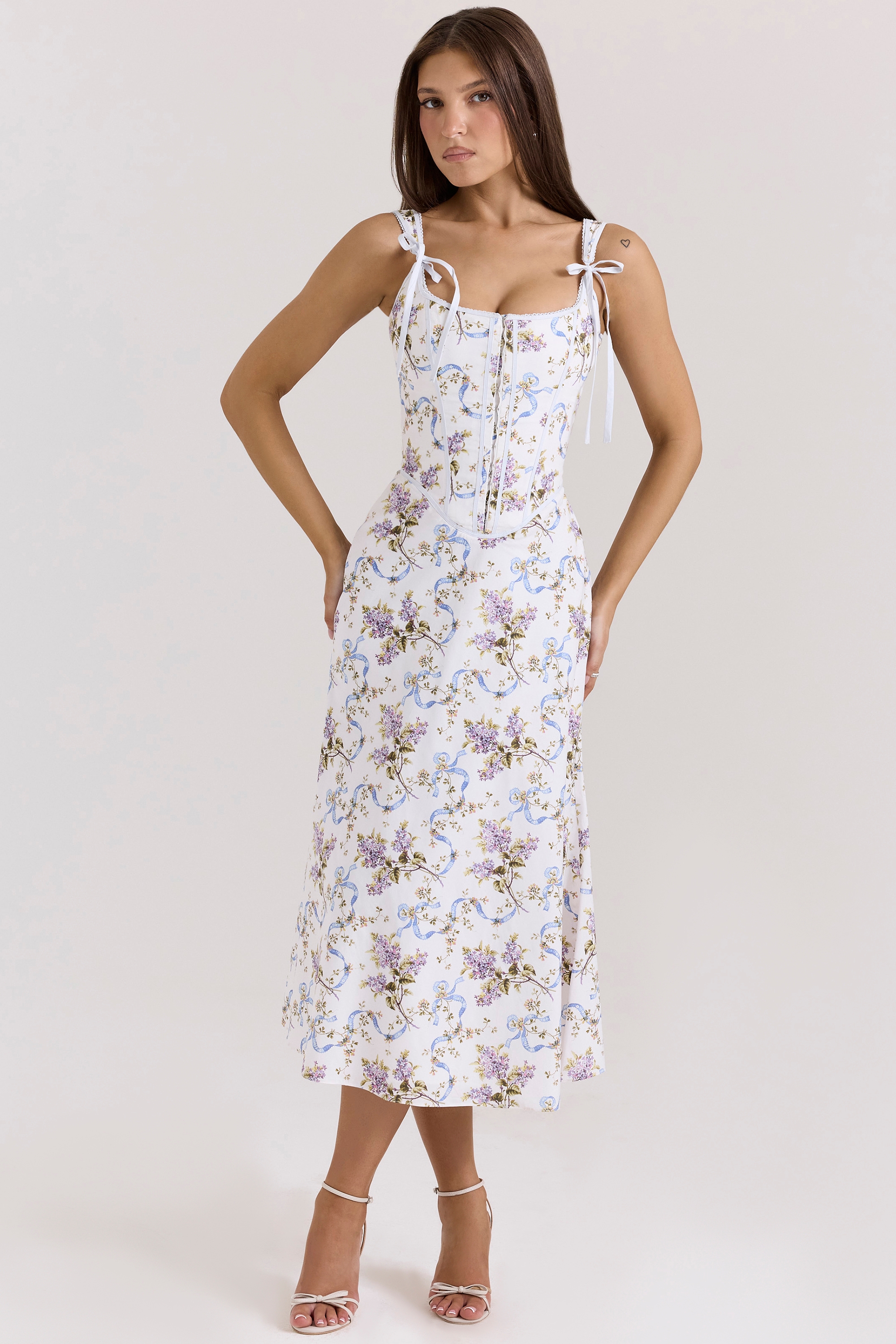 Off White Floral Print Cotton Midi Dress - TREBLEV